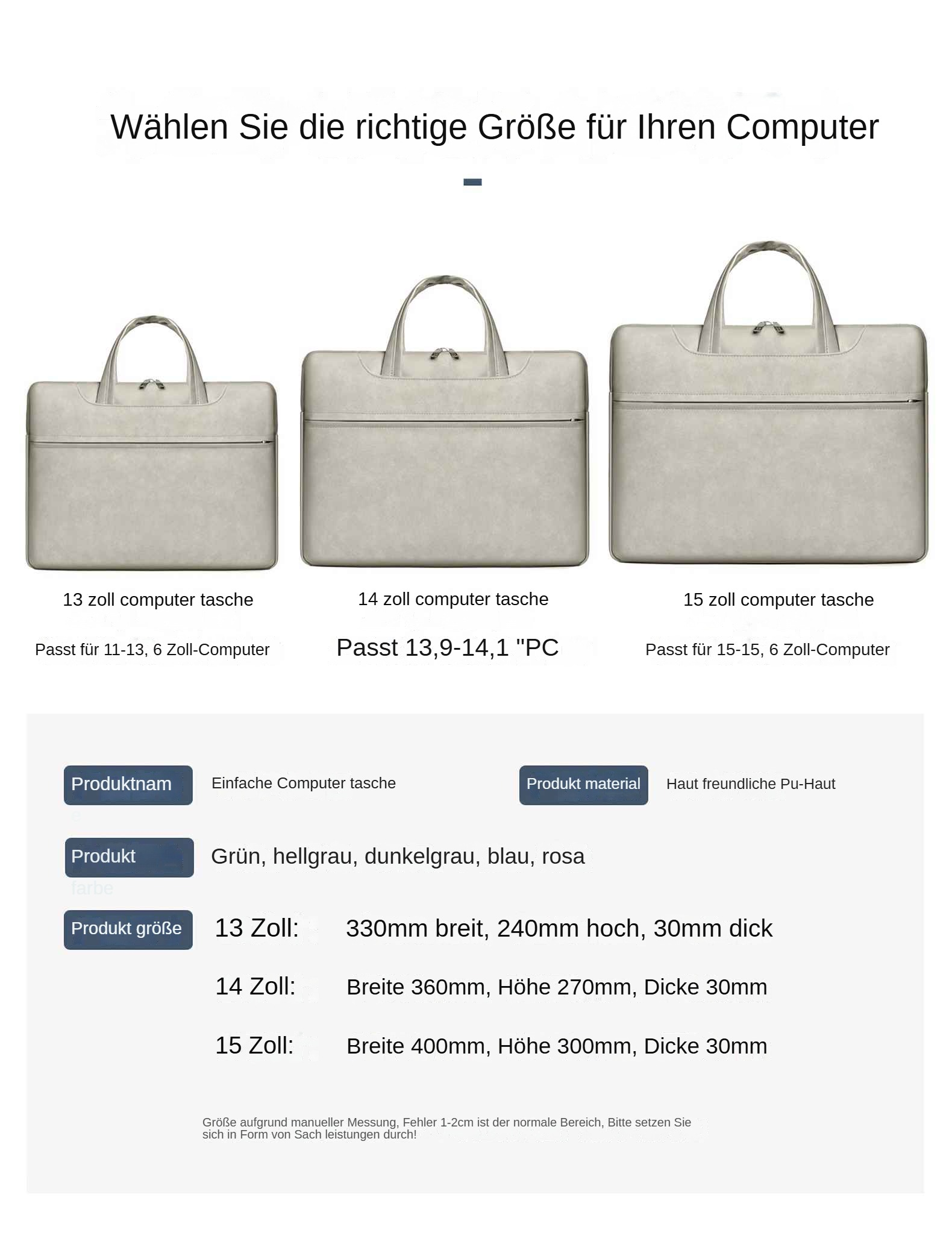 Das Bild zeigt Laptoptaschen in verschiedenen Größen. Der Text erklärt die verfügbaren Größen und Farben sowie die Laptop-Kompatibilität.