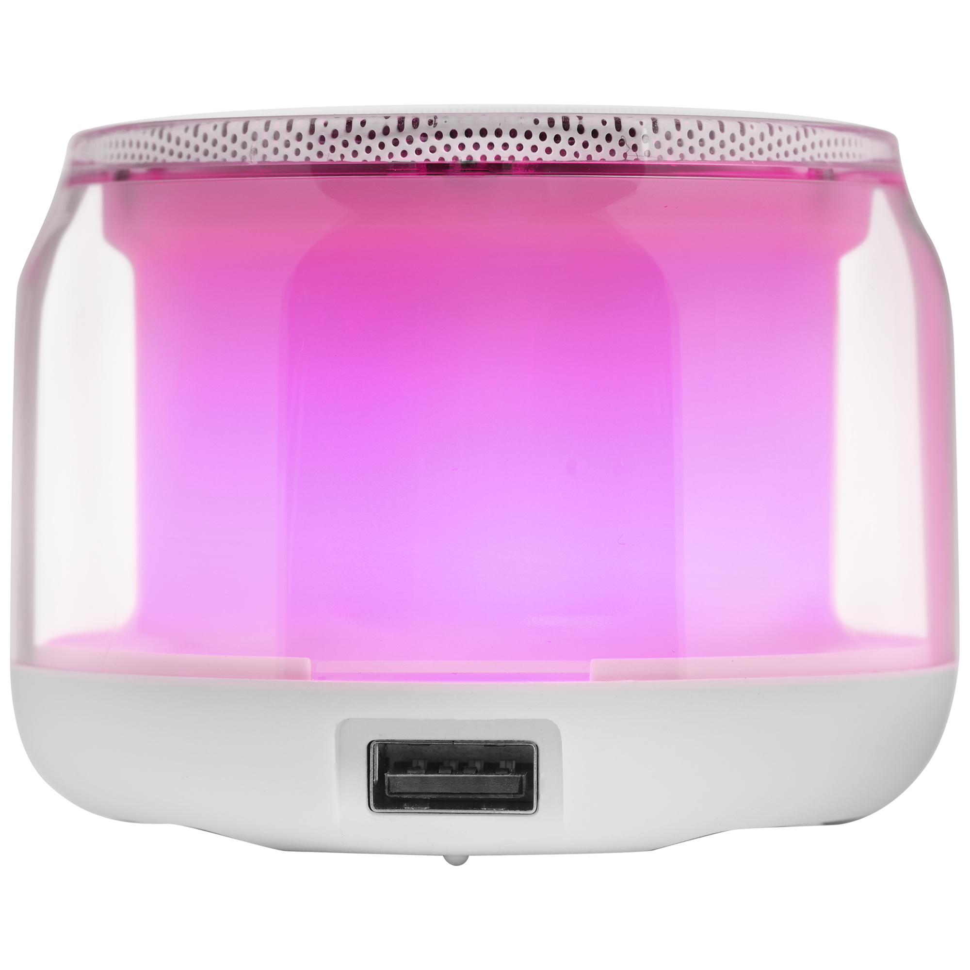 Un altoparlante bianco e trasparente ha un bagliore rosa. Ha una porta USB. La parte superiore ha un design perforato.