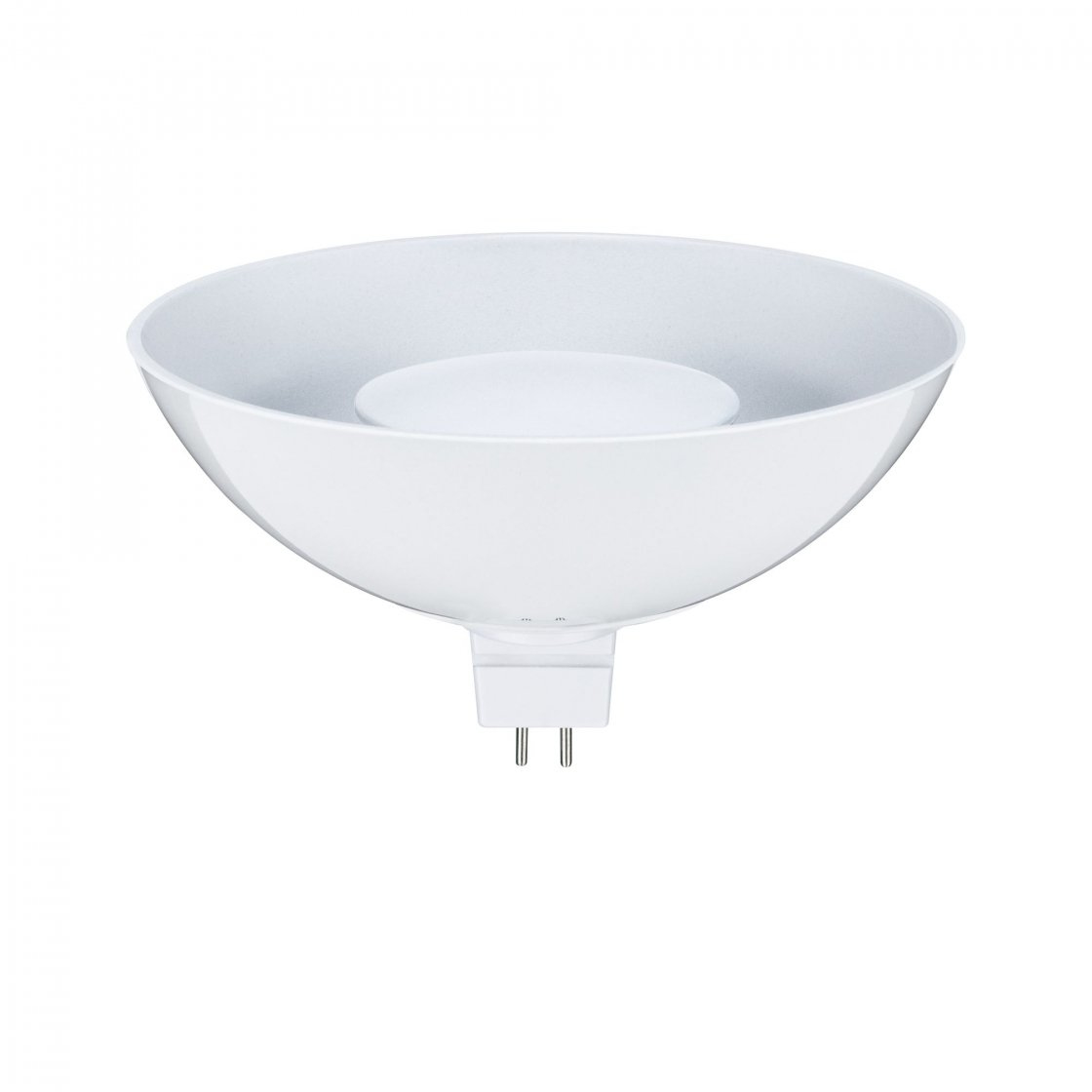 Biały, miskowaty obiekt z centralnym dyskiem. Dwa metalowe piny wystają z dołu. Tło jest białe.