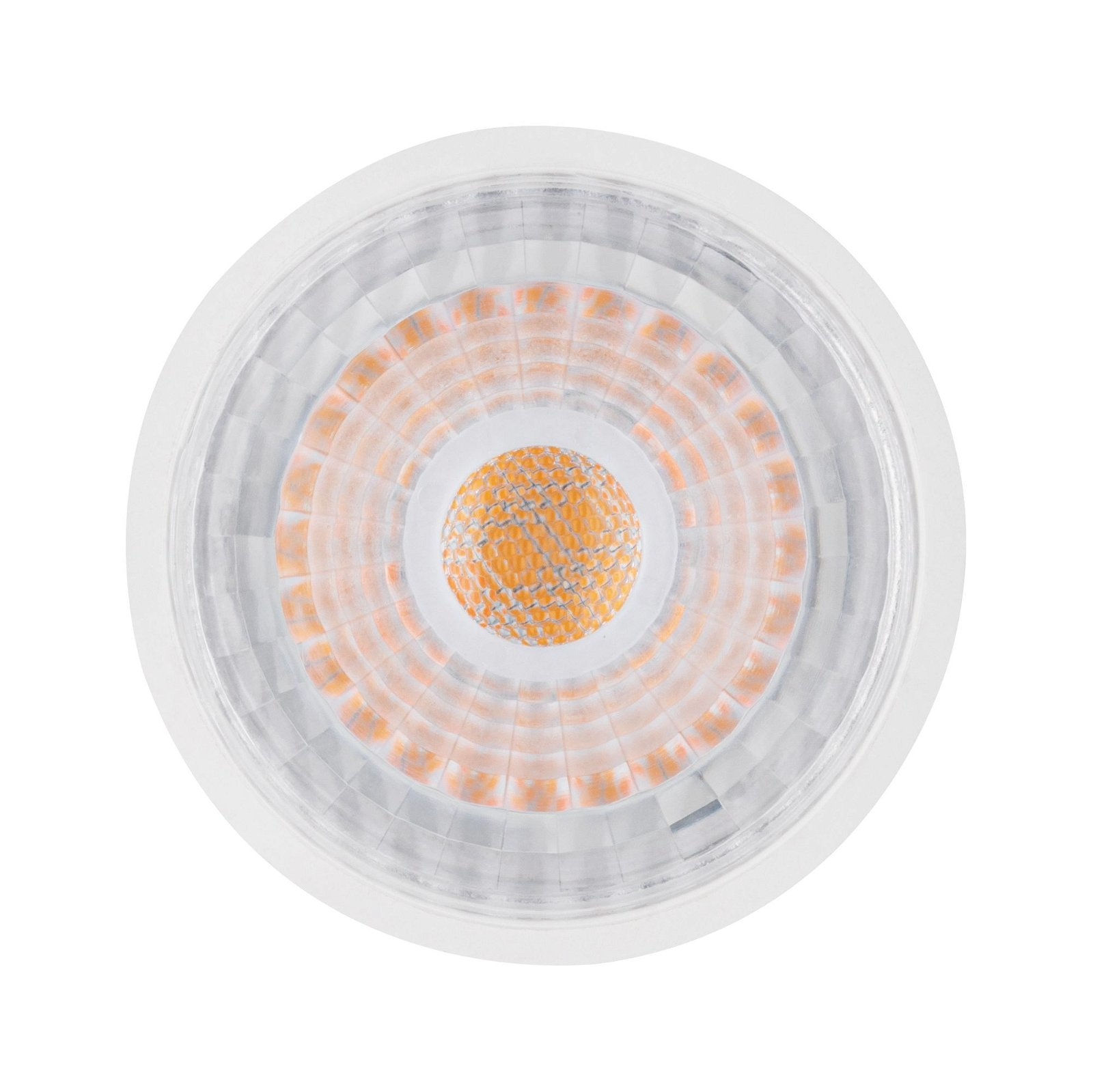 Eine runde LED-Glühbirne. Sie hat einen weißen Außenring und orangefarbene und silberne Innenteile.