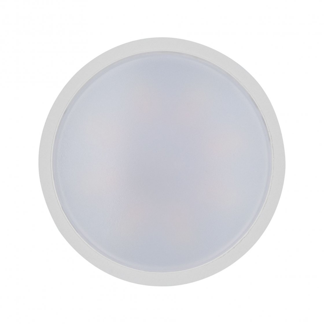 Okrągła, biała lampa sufitowa LED. Ma białą ramę i matowy, przezroczysty centralny dysk.