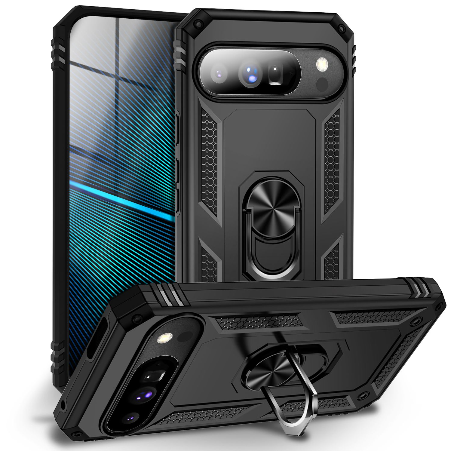 Fundas negras para teléfono con soportes de anillo. Una funda está vertical, dos están en ángulo. En el fondo se ve una pantalla de teléfono.