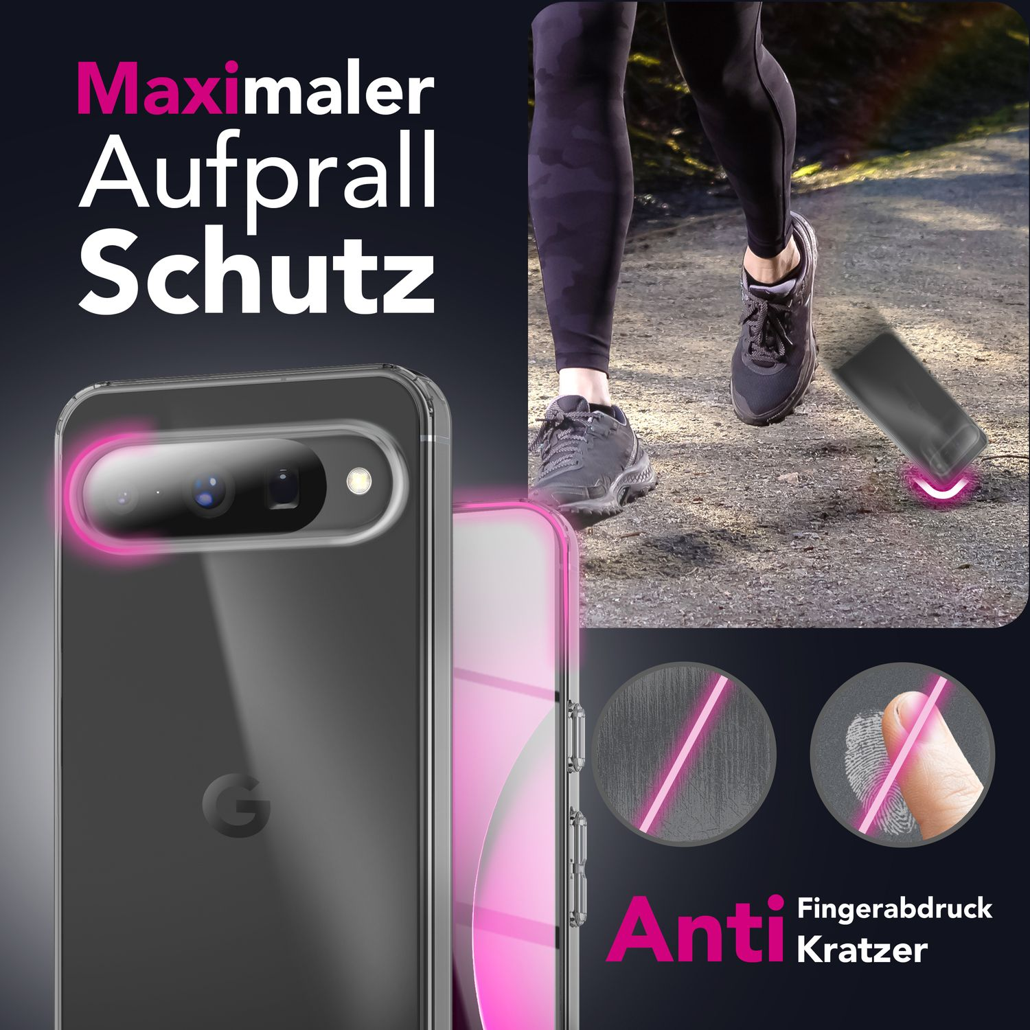 Das Bild zeigt eine Handyhülle mit einer laufenden Person und Anti-Kratz-Details. Der Text lautet 'Maximaler Aufprall Schutz' und 'Anti Fingerabdruck Kratzer'.