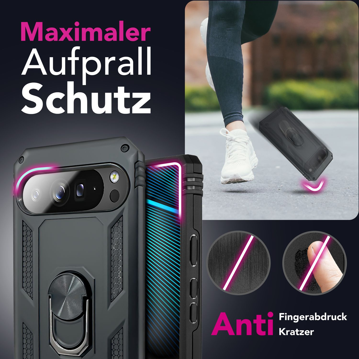 La imagen muestra una funda de teléfono y una persona corriendo. El texto dice 'Maximaler Aufprall Schutz' y 'Anti Fingerabdruck Kratzer'.