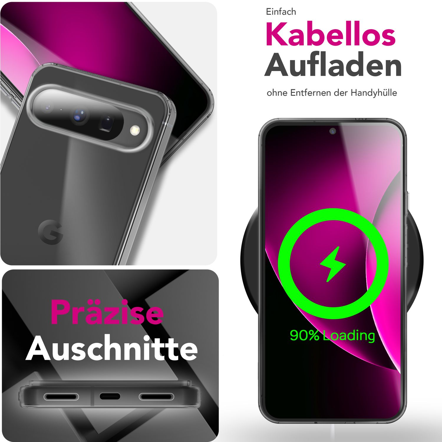Ein Telefon in einer Hülle wird kabellos aufgeladen. Text sagt 'Kabelloses Aufladen' und 'Präzise Ausschnitte'. Telefon zeigt 90% Ladevorgang.