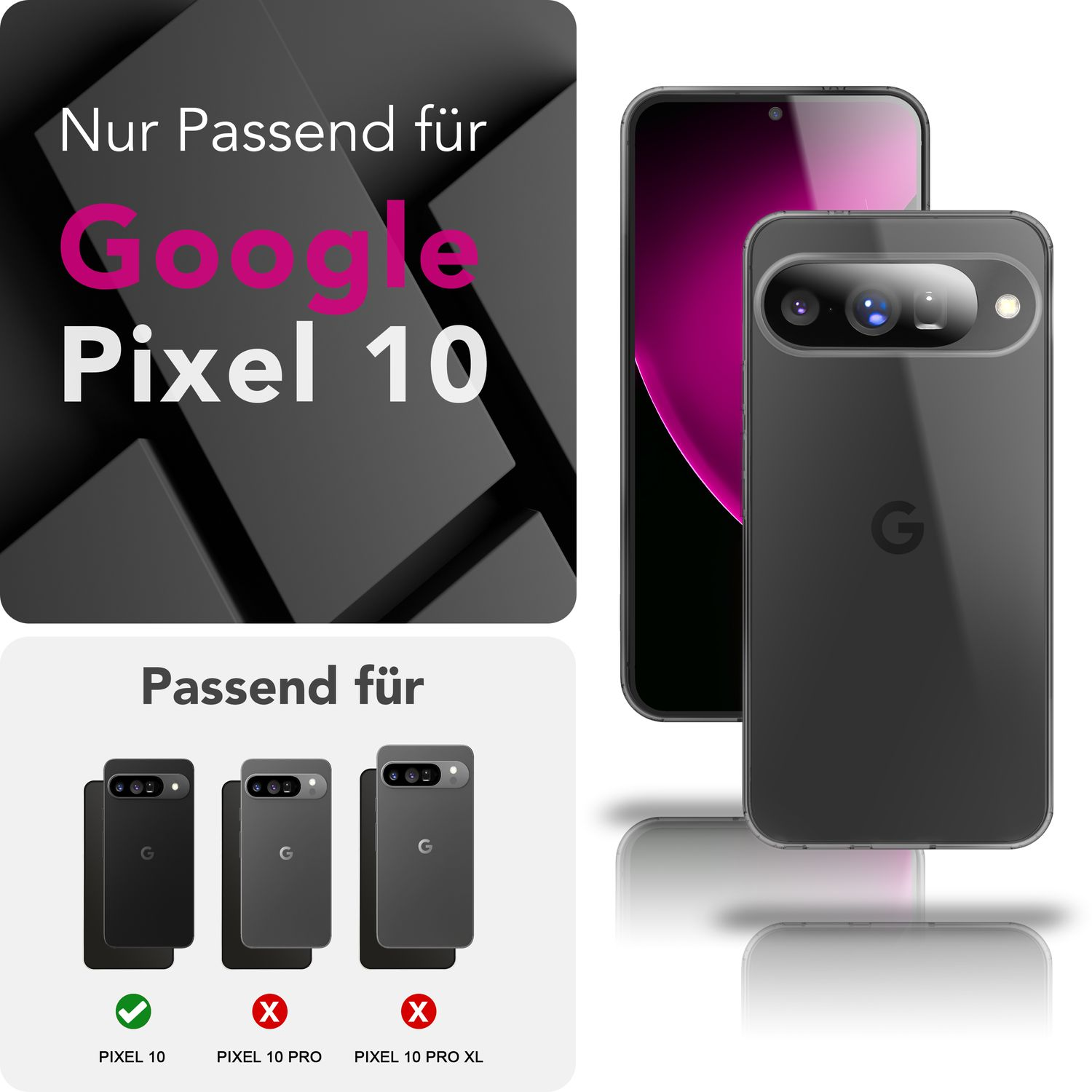 Das Bild zeigt ein Google Pixel 10 Telefon in einer Hülle. Text hebt die Kompatibilität hervor. Enthält Telefonmodelle und Kompatibilitätsindikatoren.