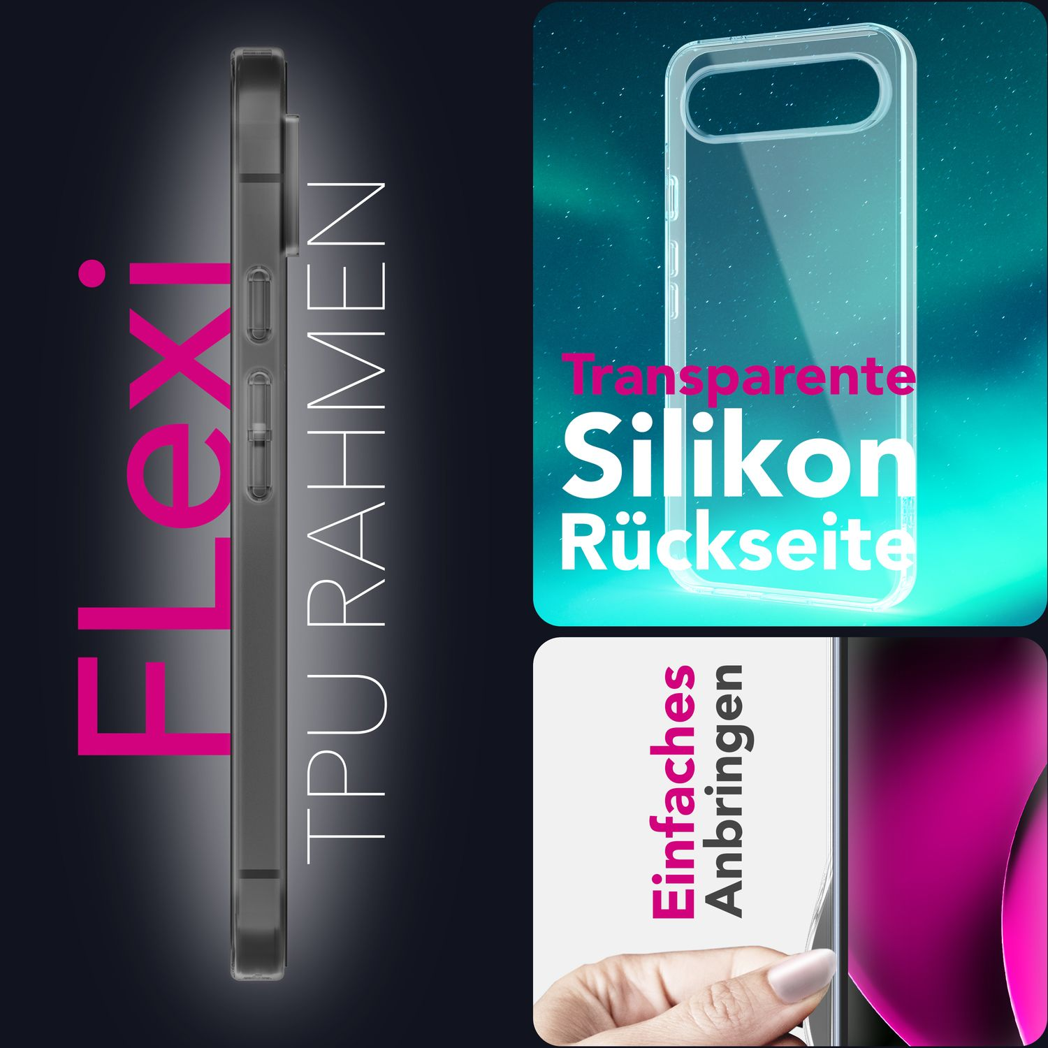 Gezeigt wird eine transparente Handyhülle. Text auf Deutsch lautet 'Transparente Silikon Rückseite' und 'Einfaches Anbringen'. Eine Hand hält die Hülle.