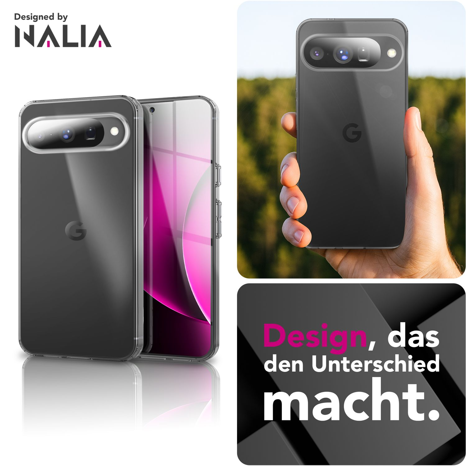 Das Bild zeigt ein Telefon mit einer durchsichtigen Hülle. Das Telefon ist schwarz mit einer Kameraleiste. Text: Design, das den Unterschied macht.