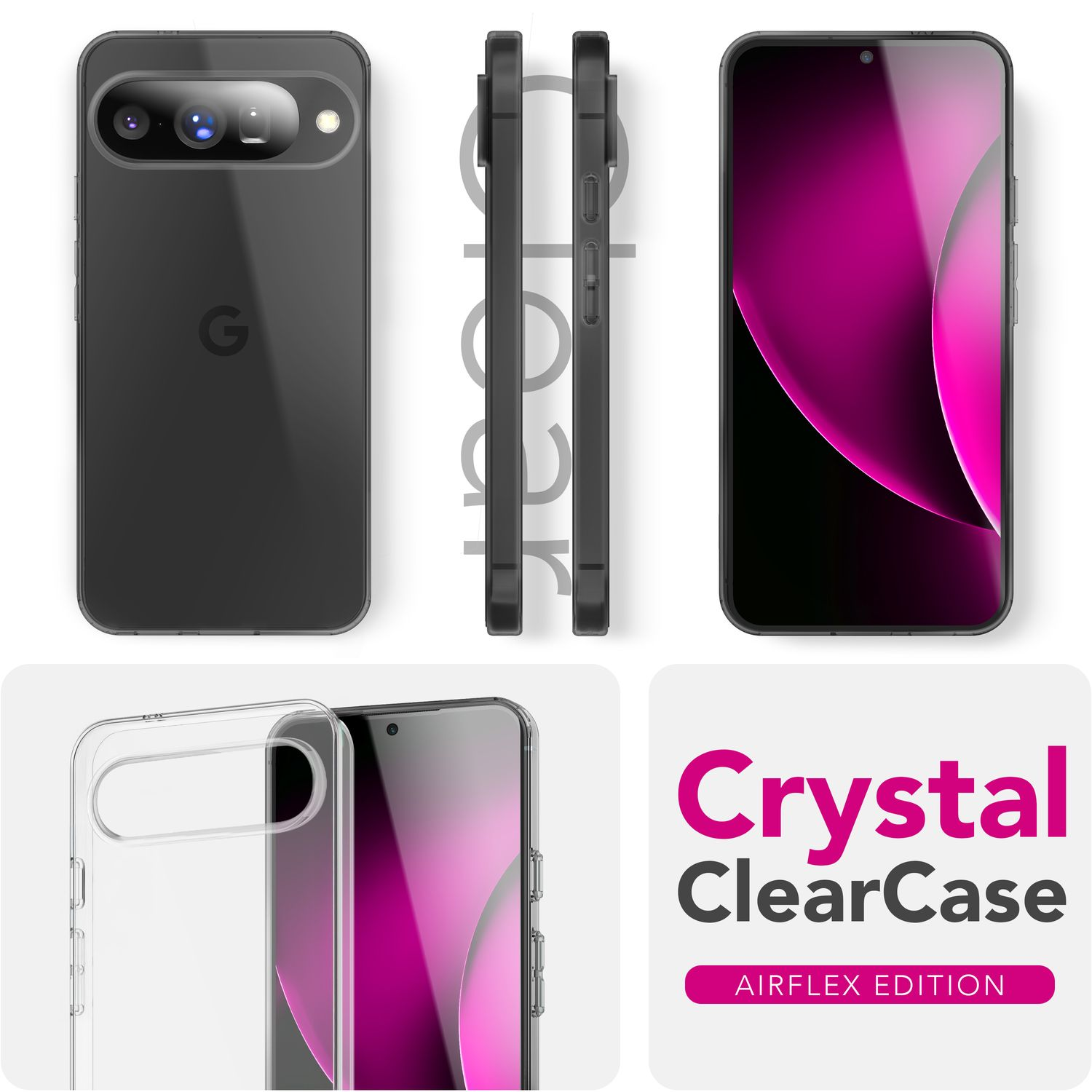 Mehrere Ansichten eines Telefons mit einer transparenten Hülle. Verschiedene Winkel zeigen Telefon, Hülle und Bildschirm. Ein Logo sagt Crystal ClearCase.
