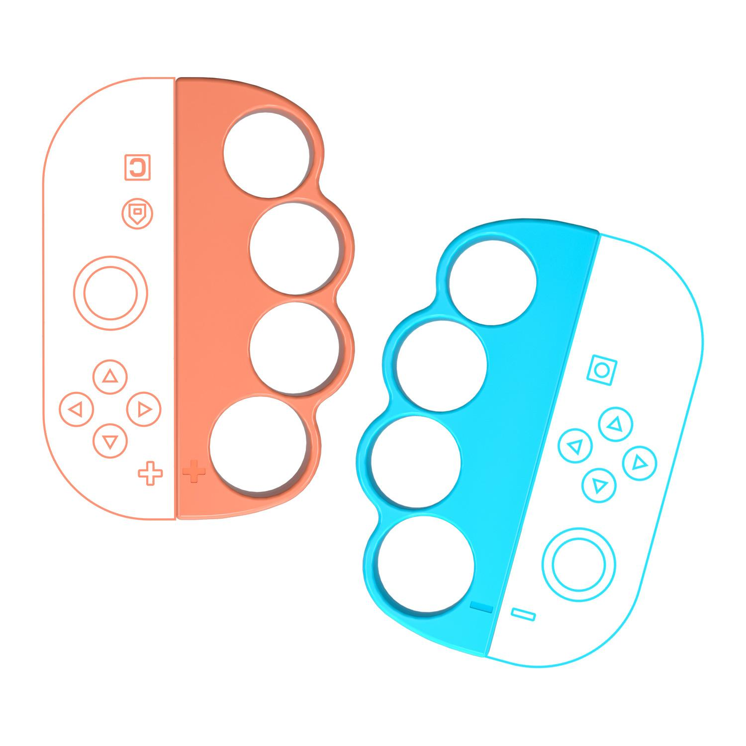 Zwei Spielcontroller. Einer ist orange, der andere blau. Jeder hat ein Schlagring-Design mit Knöpfen und einem Joystick.