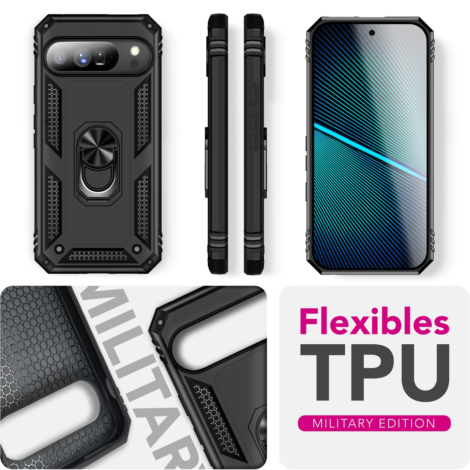 Funda de teléfono negra con soporte de anillo, mostrando múltiples ángulos. La funda está etiquetada como 'Flexibles TPU Military Edition'.