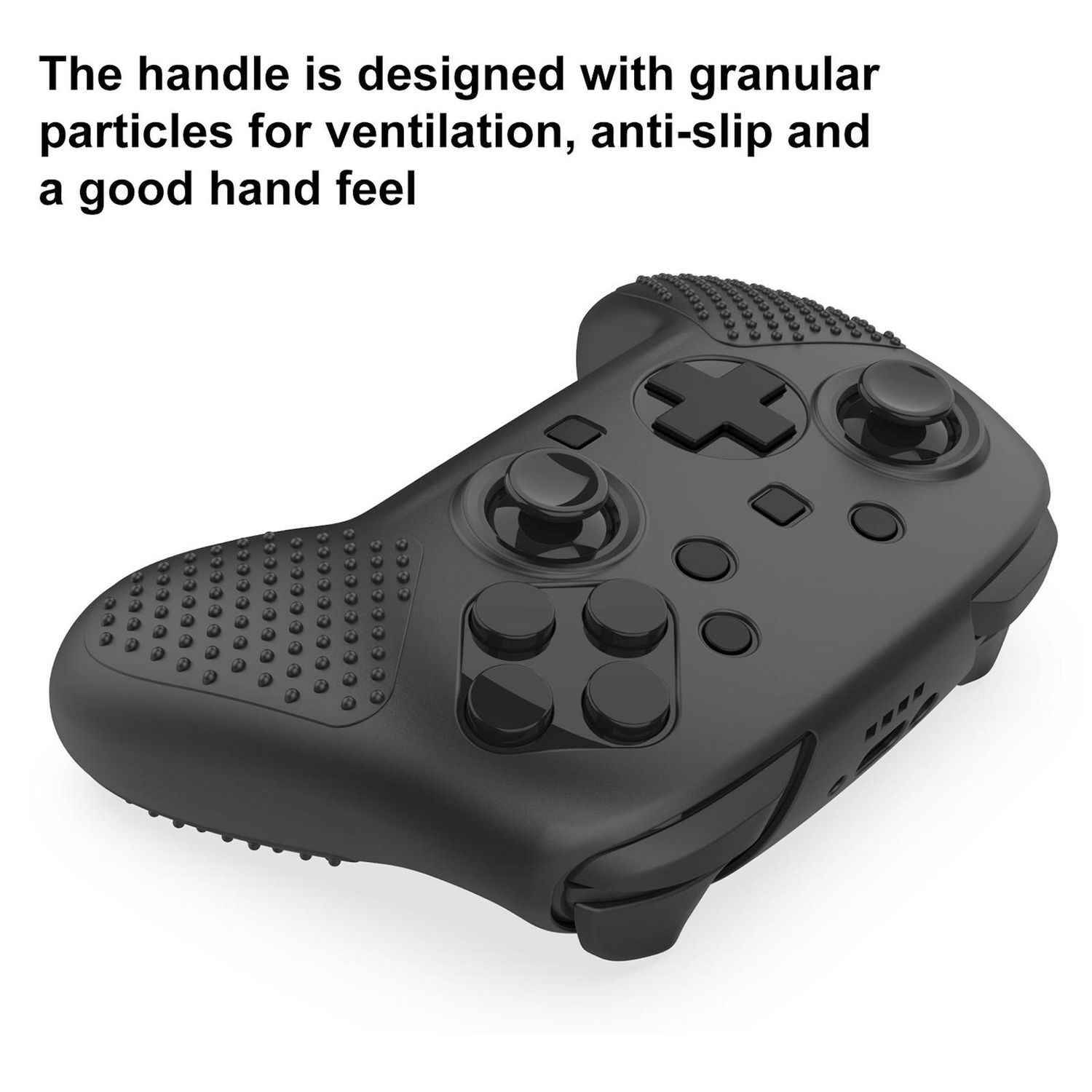 Ein schwarzer Gamecontroller mit Knöpfen und körniger Textur auf weißem Hintergrund. Text oben beschreibt das Griffdesign.
