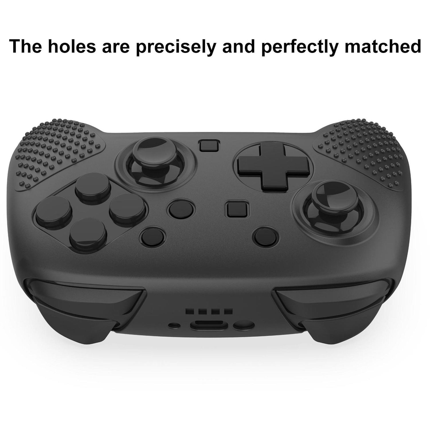 Ein schwarzes Gamepad mit Knöpfen, Joysticks und einem Steuerkreuz. Die Oberfläche hat eine strukturierte Griffigkeit. Der Hintergrund ist weiß.