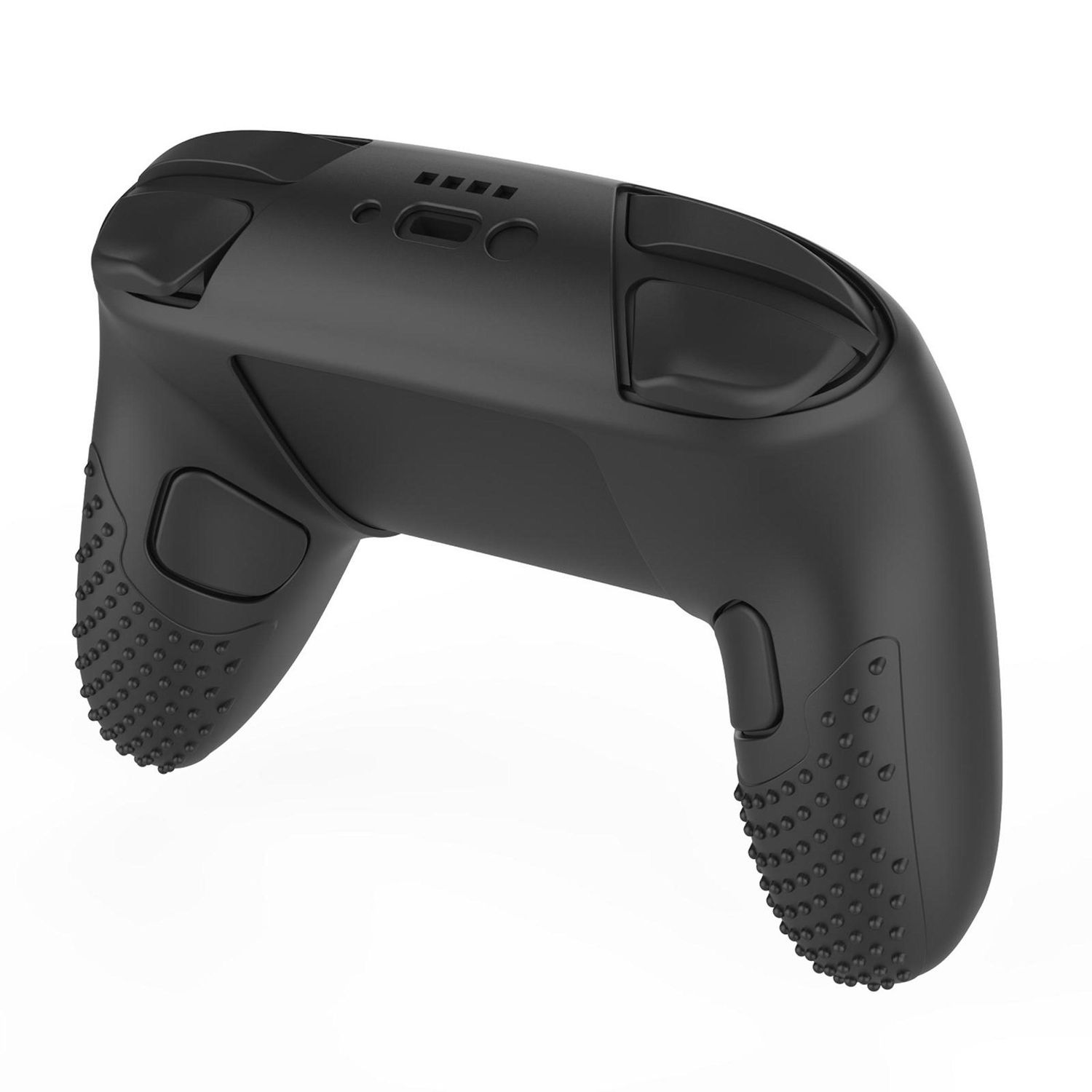 Ein schwarzer Gamecontroller ist angewinkelt und zeigt Knöpfe und Grifftexturen. Er hat eine glatte Oberseite und strukturierte Griffe.