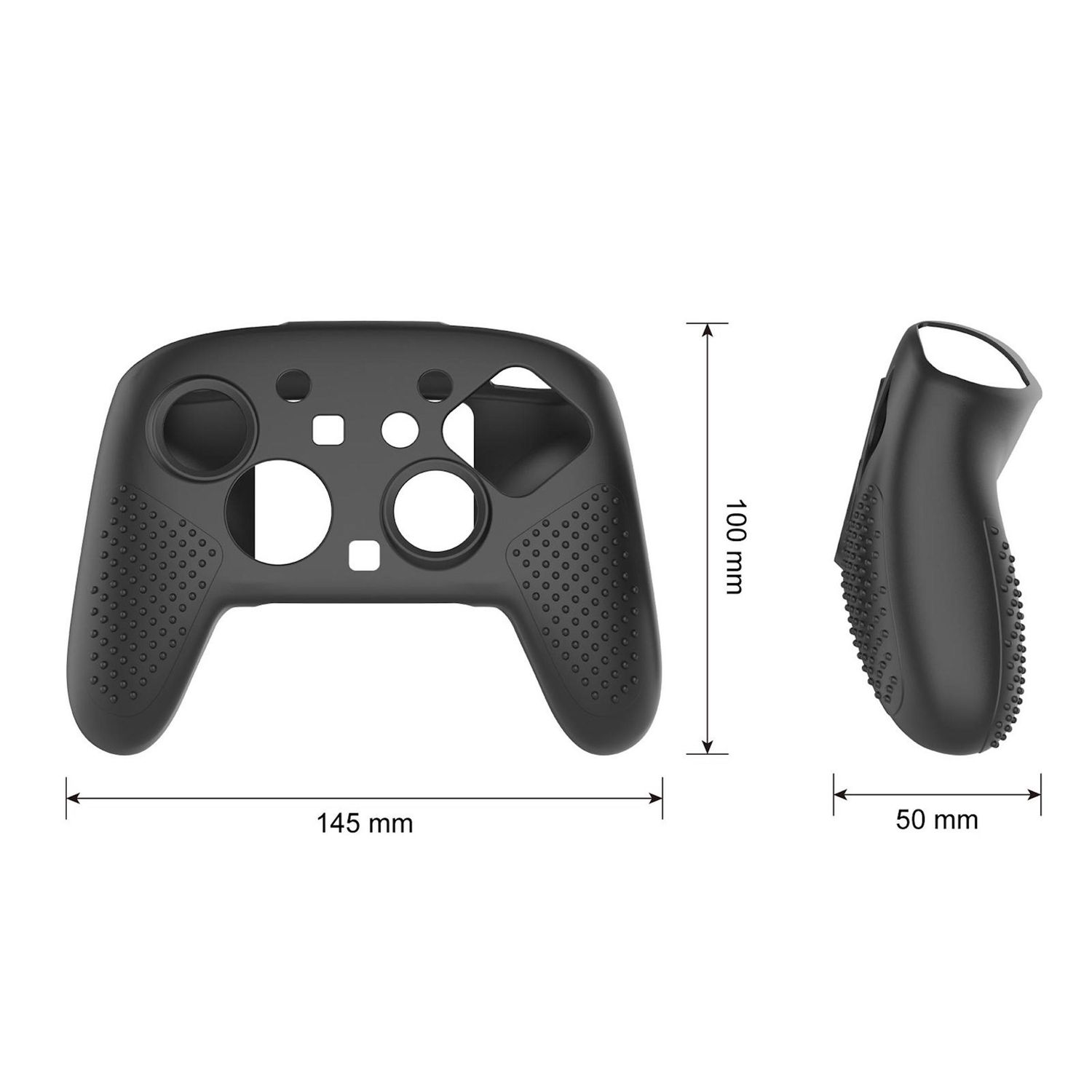Schwarze Controller-Abdeckung, 145 mm breit, 100 mm hoch und ein Seitengriff. Der Seitengriff ist 50 mm groß und befindet sich neben der Controller-Abdeckung.