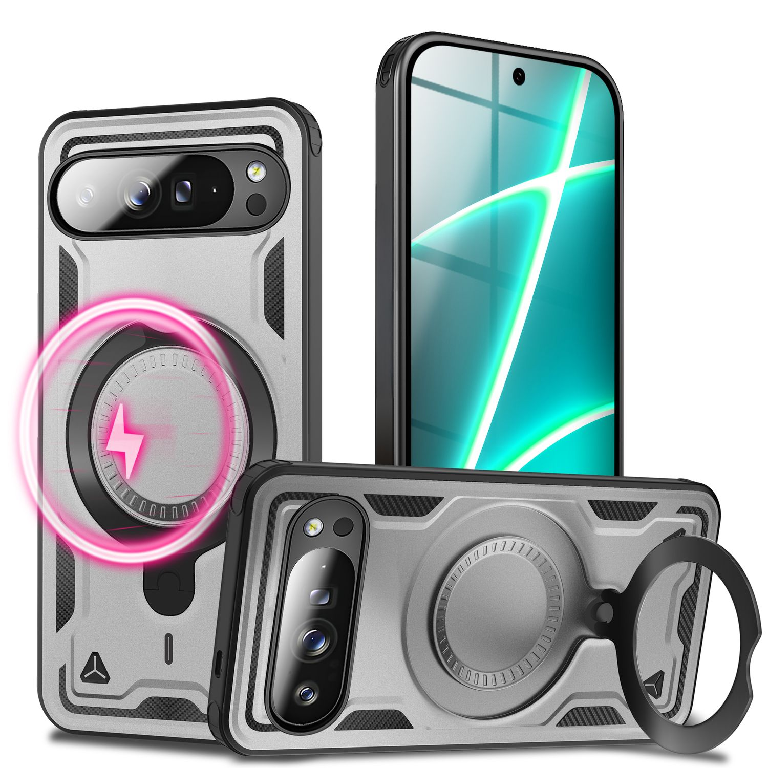 Ein Smartphone mit Hüllen. Die Hüllen sind silber und schwarz, mit einem ringförmigen Halter. Eines hat ein rosa Blitzsymbol.