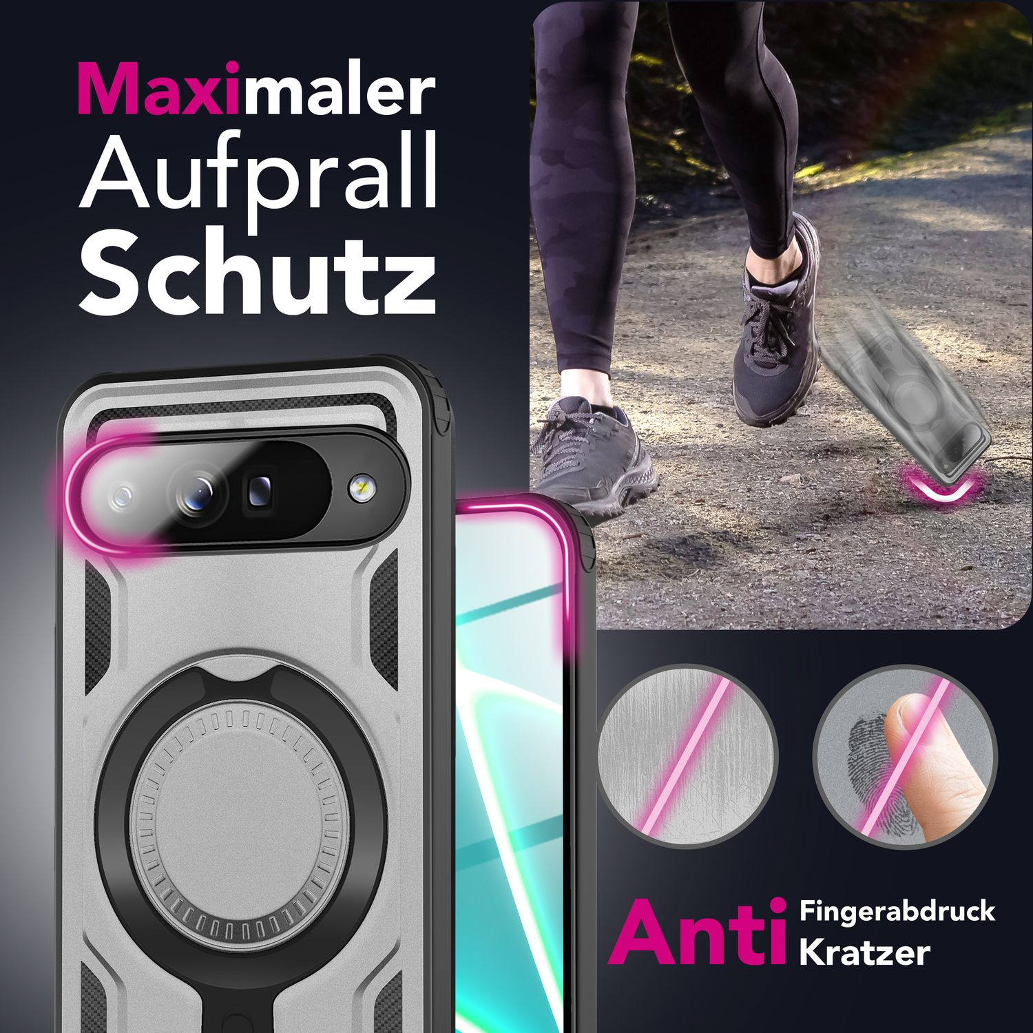 Bild zeigt Handyhülle mit Läufer im Hintergrund. Text: 'Maximaler Aufprall Schutz' und 'Anti Kratzer'.