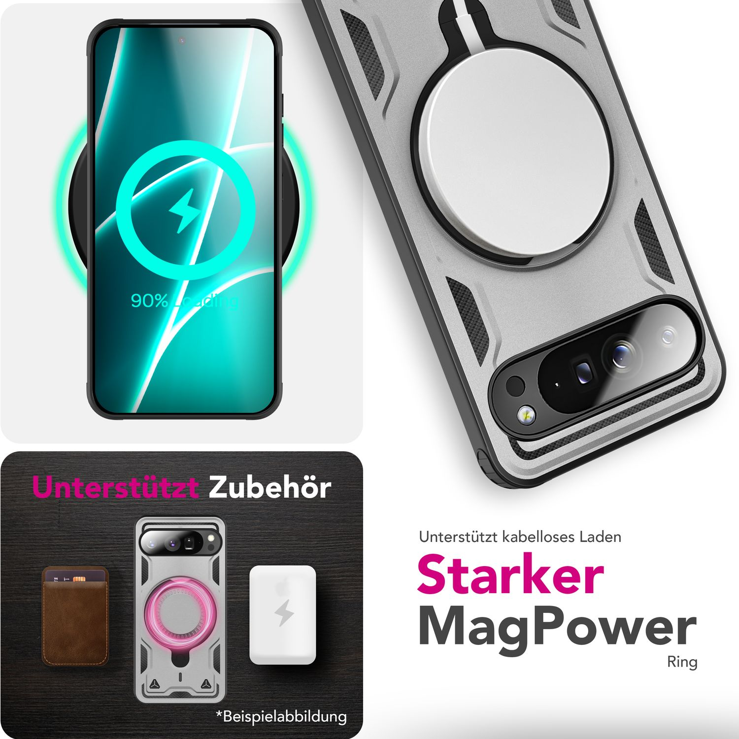 Bild zeigt ein kabelloses Aufladen des Telefons mit 90% Ladevorgang, Zubehör und eine Handyhülle mit MagPower Ring.