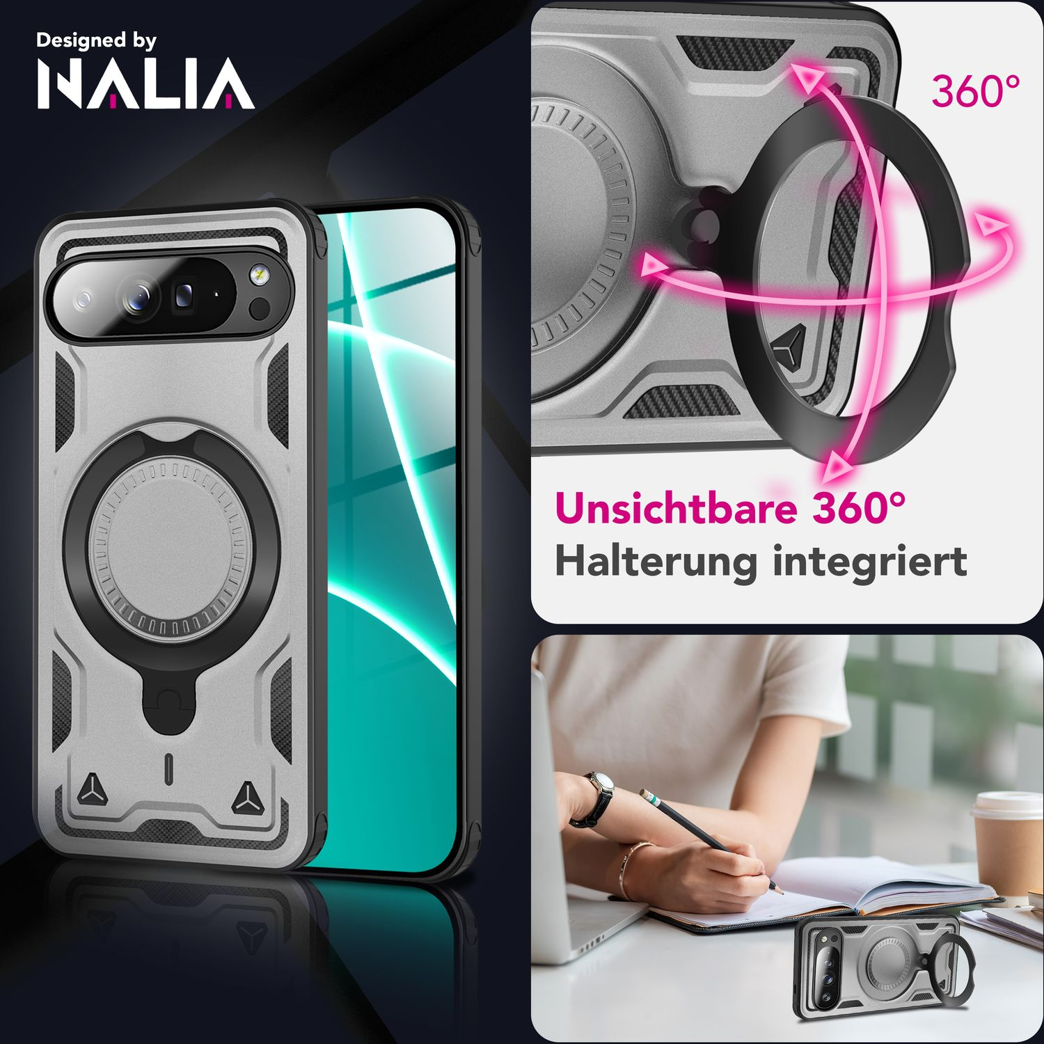 Eine Handyhülle mit einem 360-Grad-Drehring. Eine Person schreibt an einem Tisch mit einer Kaffeetasse. Die Marke ist NALIA.