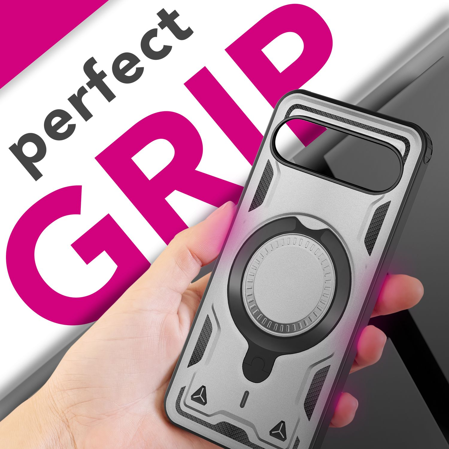 Eine Hand hält eine silberne Handyhülle mit Ring. Der Hintergrund zeigt die Worte "perfect GRIP" in Pink und Weiß.