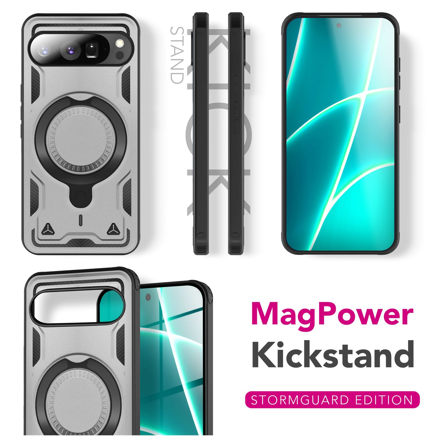 Eine Handyhülle mit Ständer, ein Telefon und ein Text mit der Aufschrift MagPower Kickstand Stormguard Edition.
