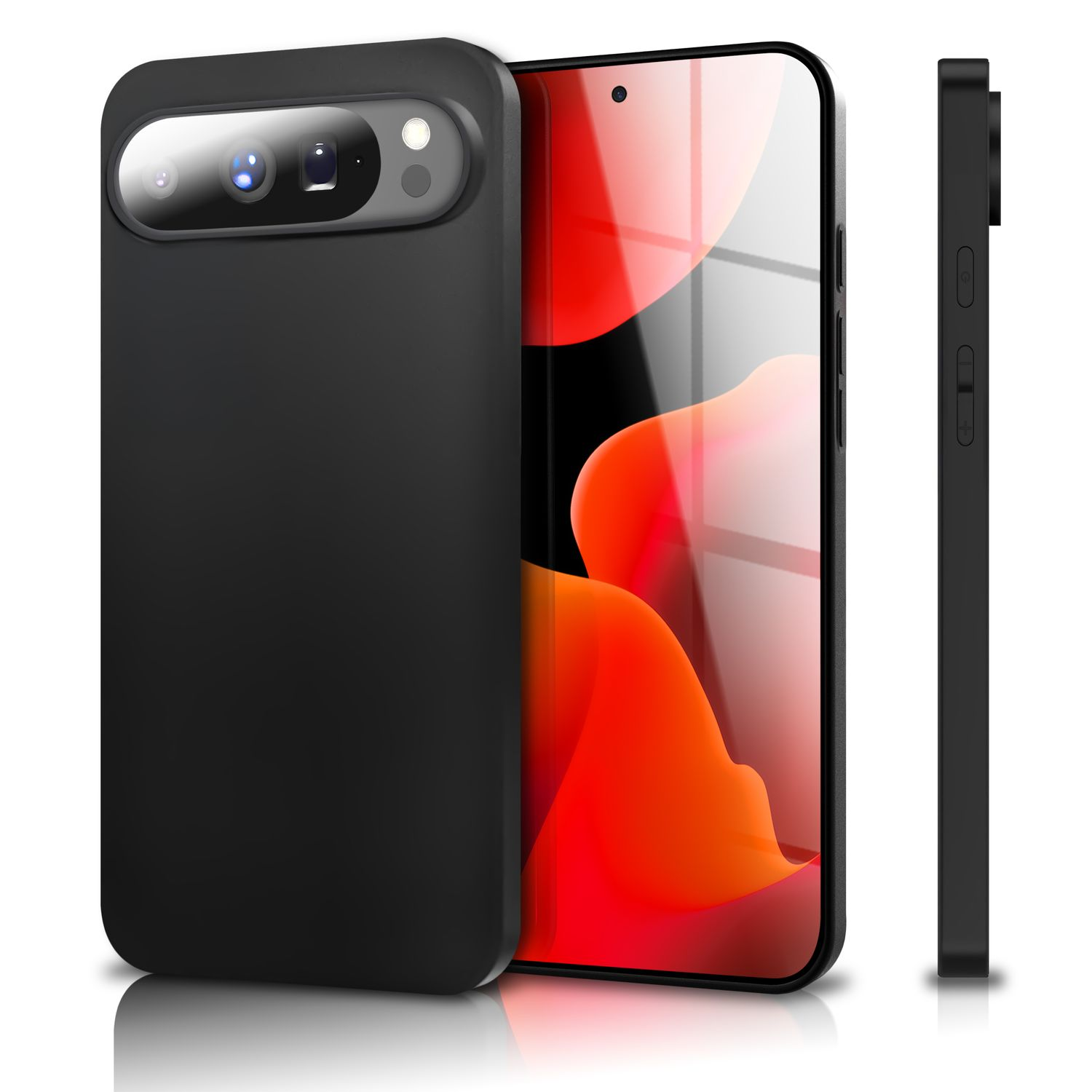 Schwarze Handyhülle mit einem Handy darin. Das Telefon hat einen roten und weißen abstrakten Hintergrund. Die Seite des Gehäuses ist ebenfalls sichtbar.