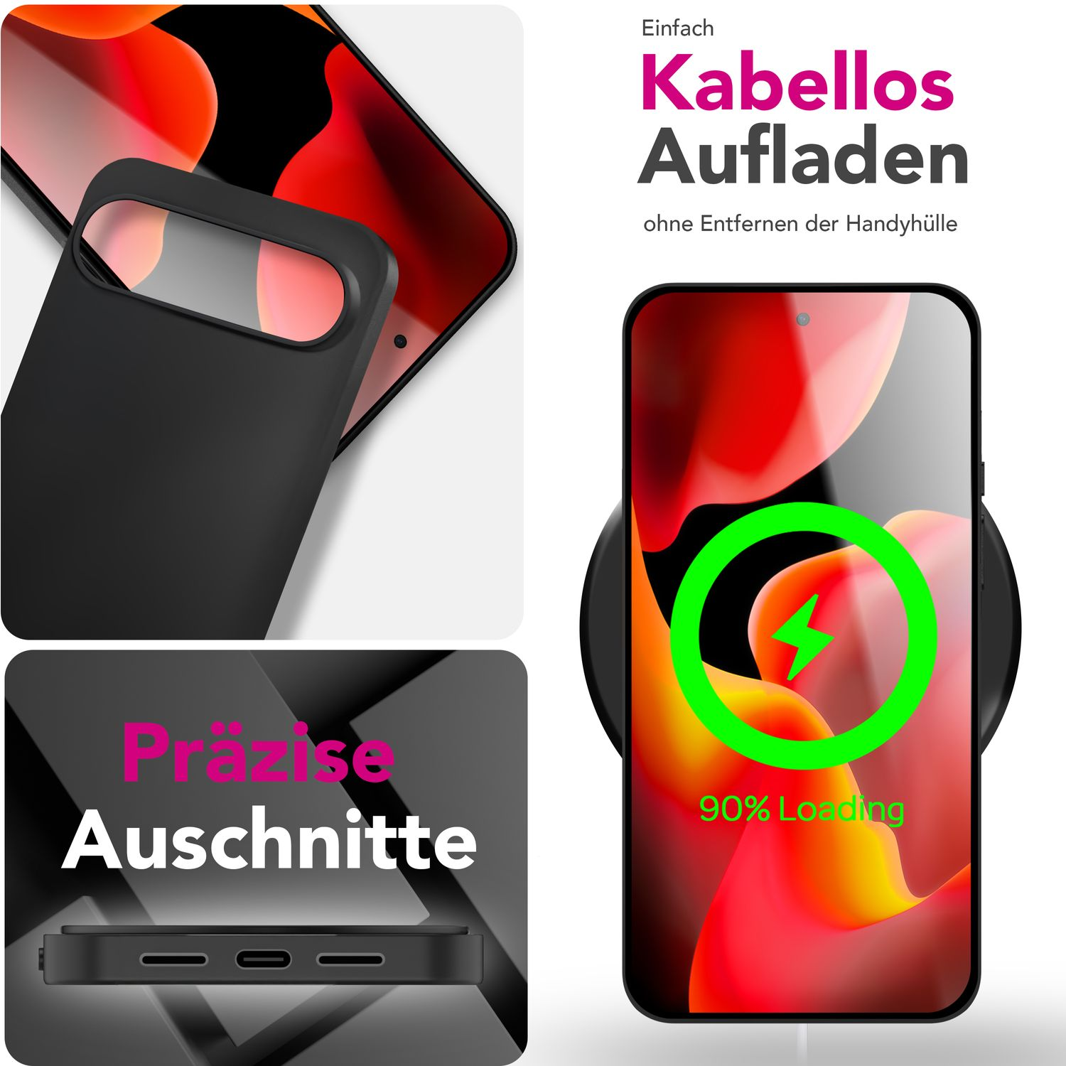 Ein Telefon, das auf einem kabellosen Ladegerät geladen wird. Das Telefon ist schwarz, das Ladegerät ist schwarz und der Hintergrund ist weiß.