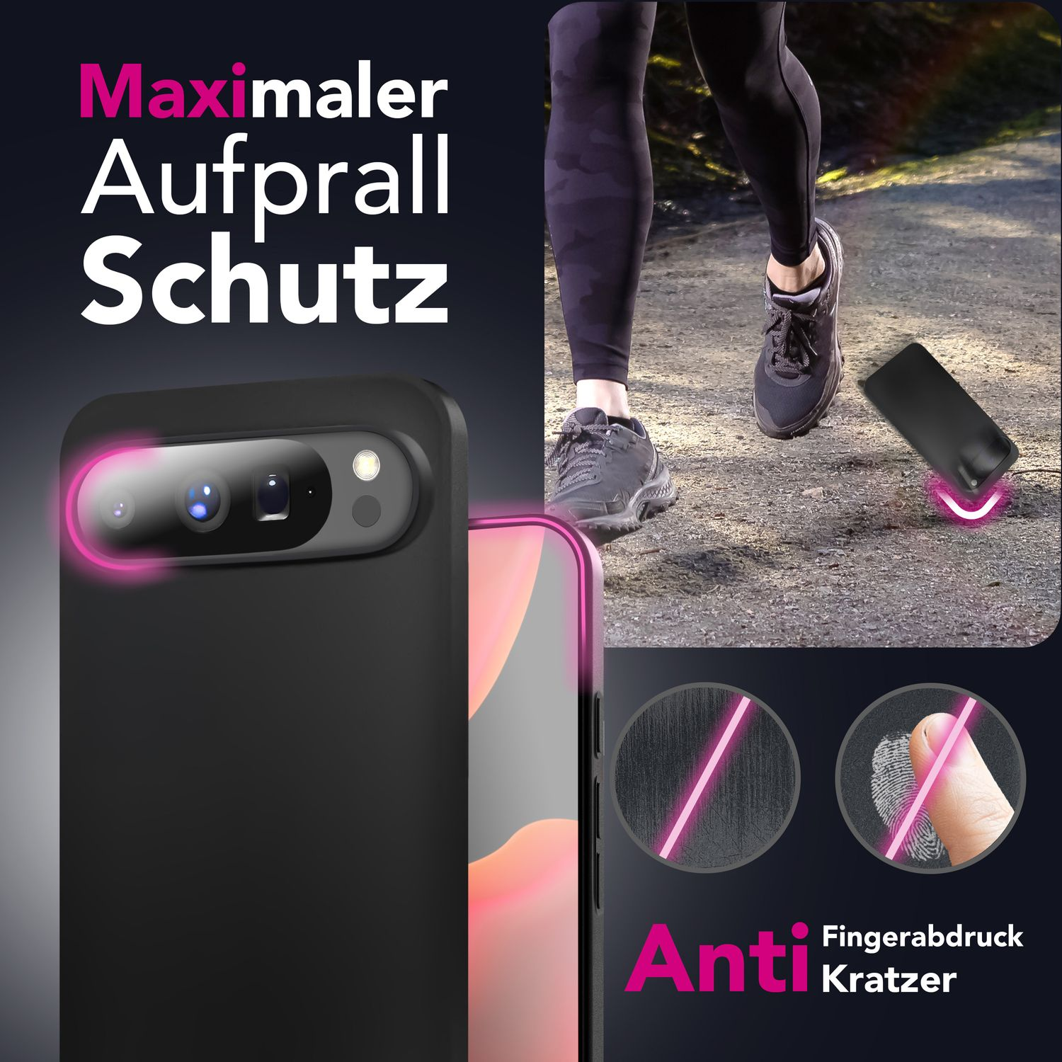 Eine Person, die mit einer Handyhülle läuft, die Aufprallschutz bietet. Hülle und Telefon sind pinkfarben umrandet. Text: Anti Kratzer.