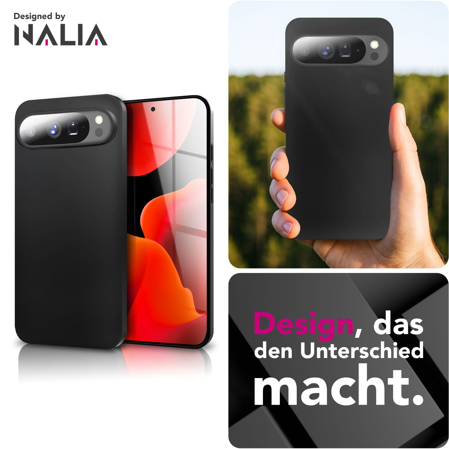 Schwarze Handyhülle mit einem Handy. Eine Hülle liegt, eine wird gehalten. Grüner Hintergrund mit Text: 'Design, das den Unterschied macht.'