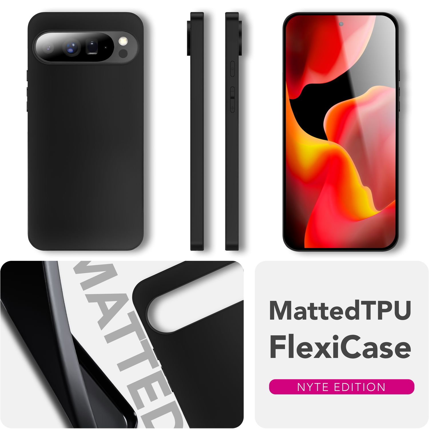 Schwarze Handyhülle mit Handy, Seitenansicht und Bildschirmansicht. FlexiCase mit Text und einem pinkfarbenen Balken mit der Aufschrift NYTE EDITION.