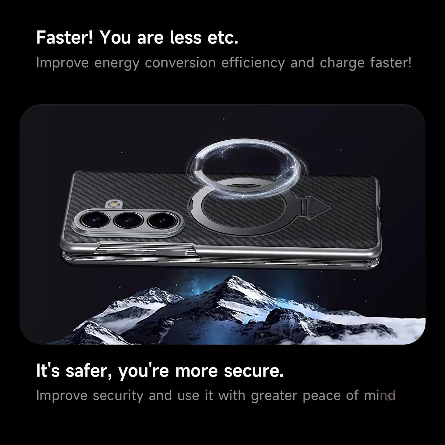 Ein Telefon mit magnetischem Ringständer. Der Hintergrund zeigt ein Gebirge. Text weist auf schnelleres Laden und verbesserte Sicherheit hin.