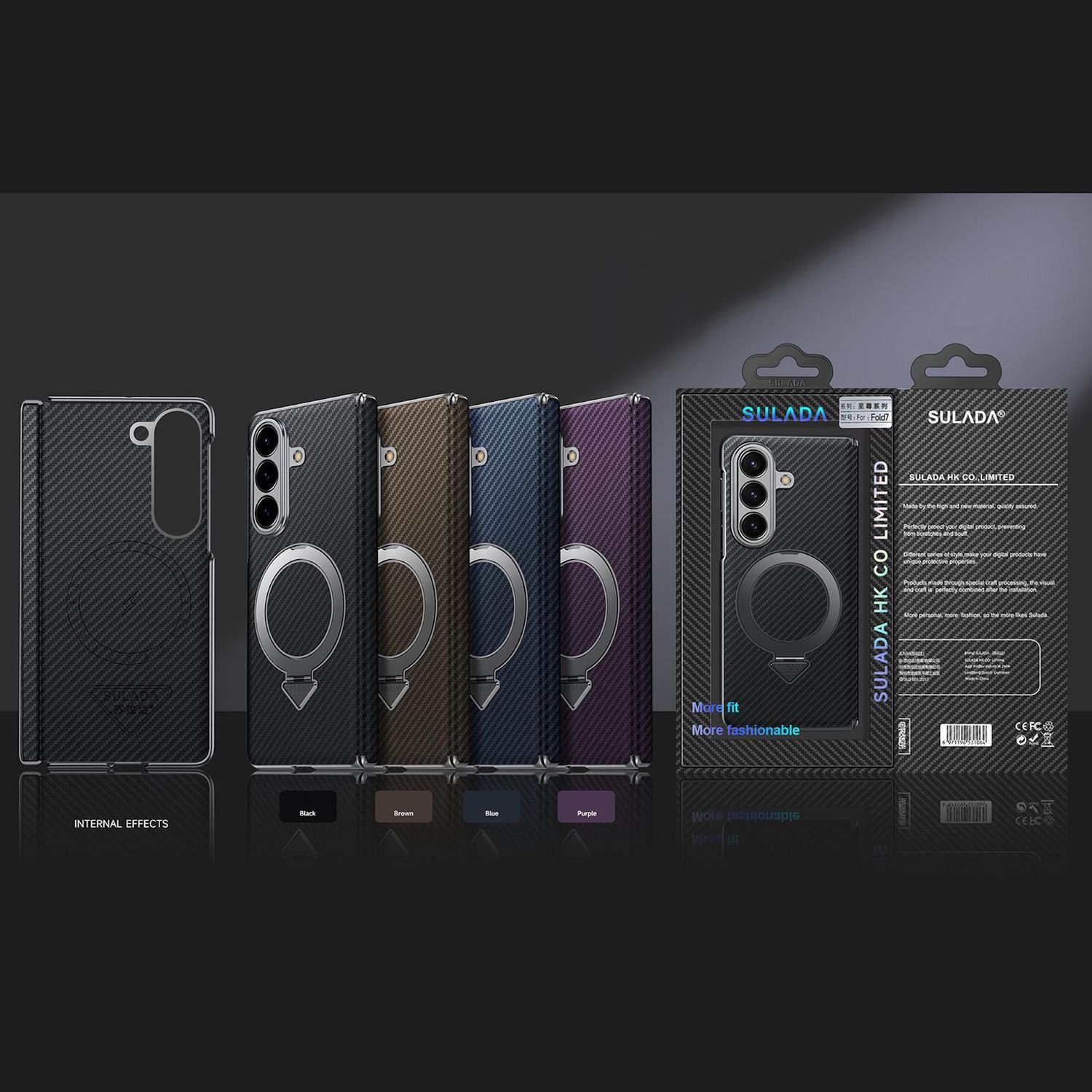 Telefonhüllen in Schwarz, Braun, Blau und Lila, mit einer Sulada HK Co. Limited-Box.