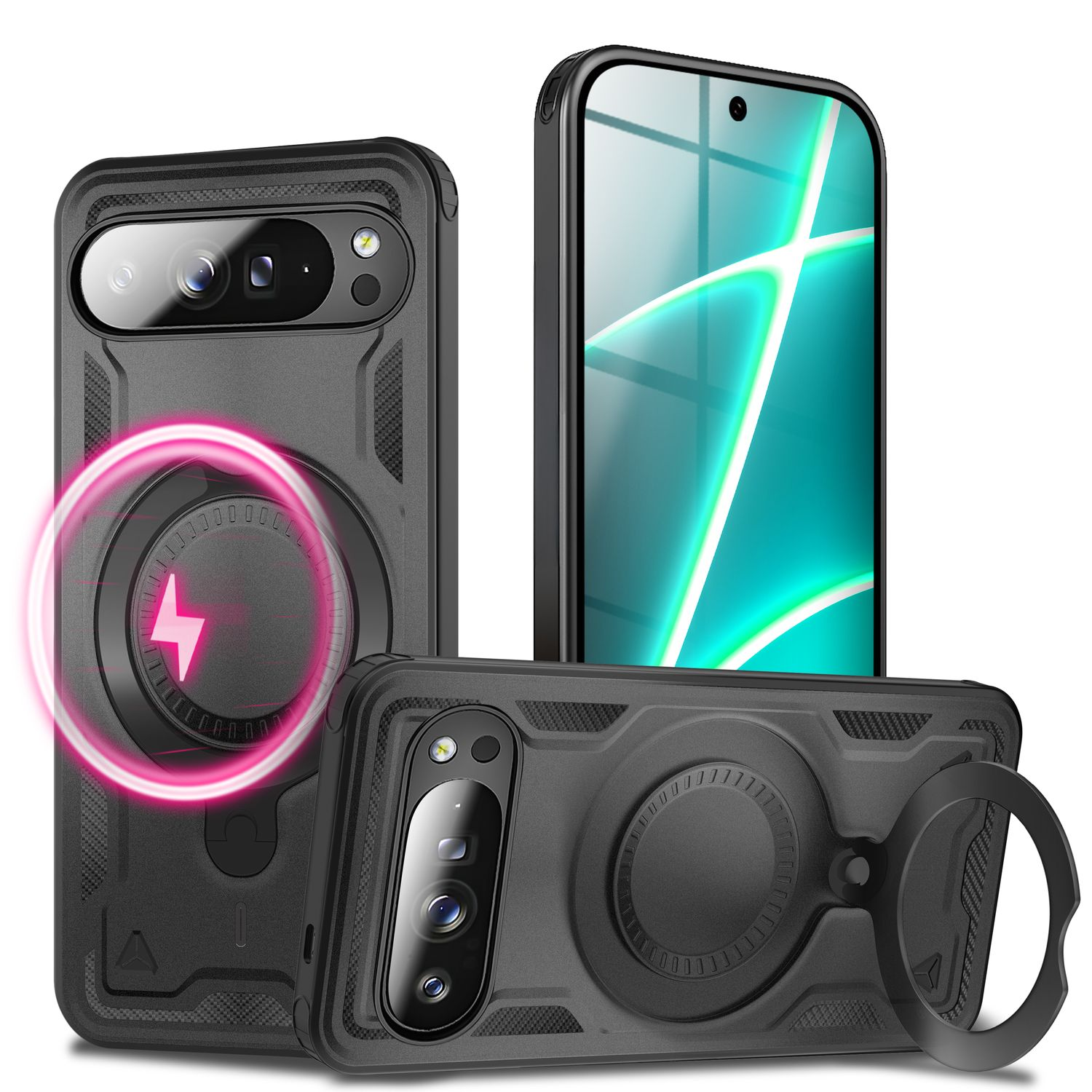 Drei schwarze Telefonhüllen. Eine hat ein Telefon im Inneren. Zwei Hüllen haben einen Ring. Eine Hülle hat ein Ladesymbol.