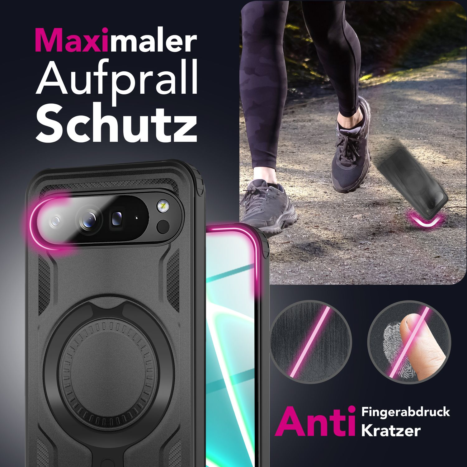 Das Bild zeigt eine Handyhülle und eine Person beim Laufen. Der Text lautet 'Maximaler Aufprall Schutz' und 'Anti Fingerabdruck Kratzer'.