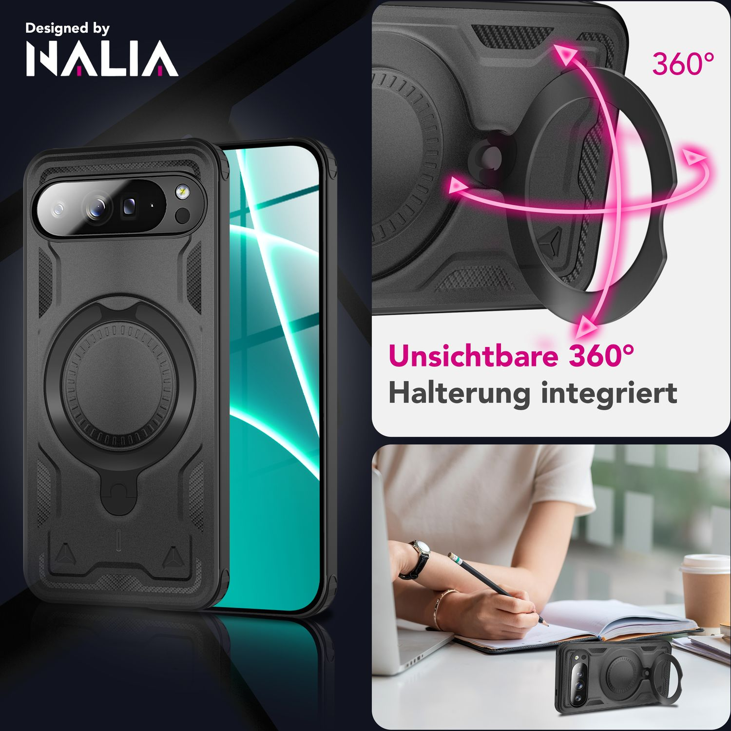 Schwarze Handyhülle mit Ringhalterung, Telefon rechts. Text: Unsichtbare 360° Halterung integriert. Person schreibt mit Stift.