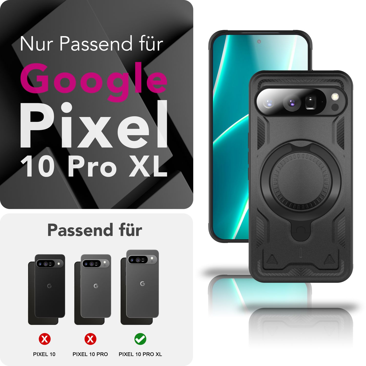 Das Bild zeigt eine Handyhülle und ein Telefon. Der Text weist auf die Kompatibilität mit Pixel 10 Pro XL hin.