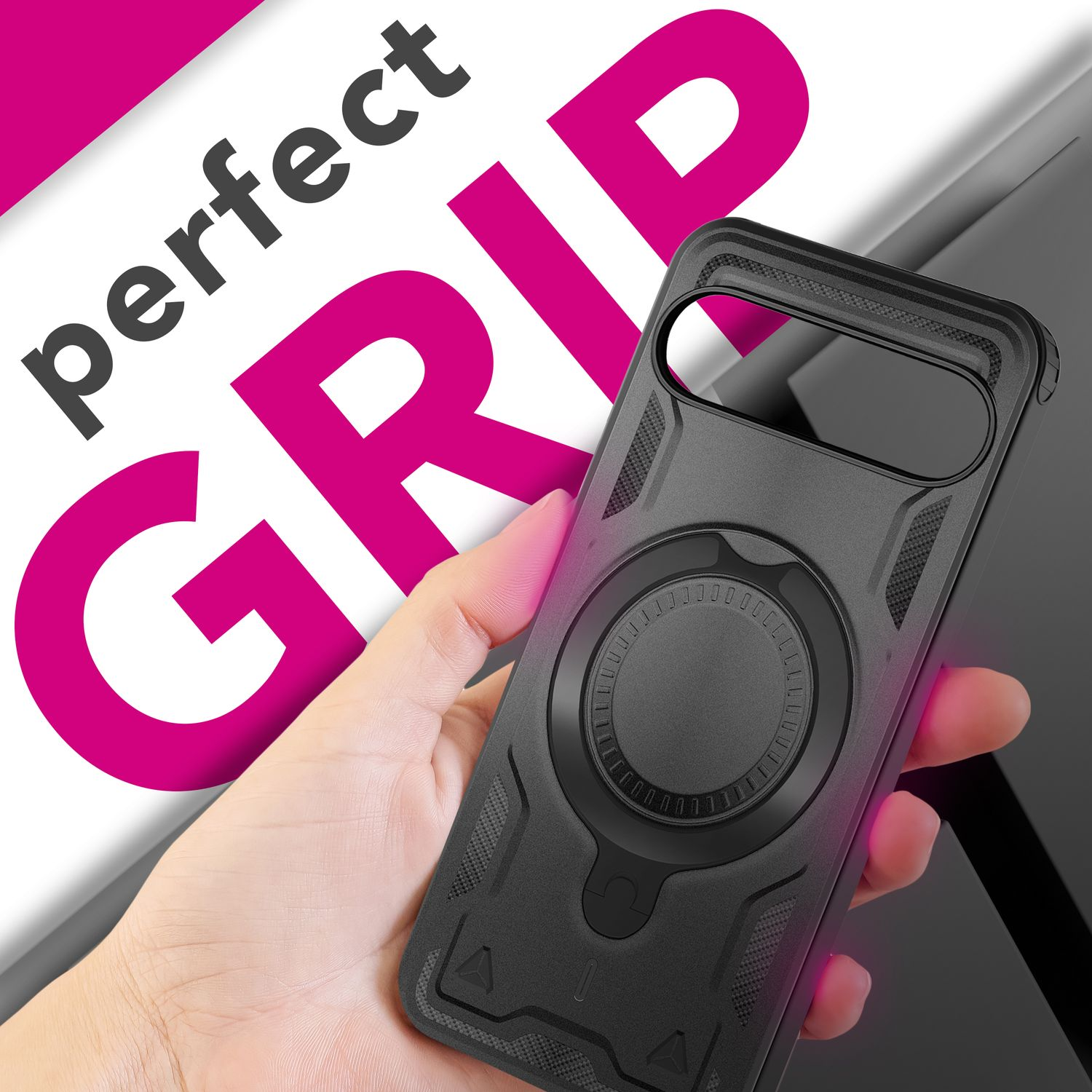 Hand hält eine schwarze Handyhülle mit Ringgriff. Die Hülle hat ein strukturiertes Design und ein großes rosa "perfect GRIP" Logo im Hintergrund.