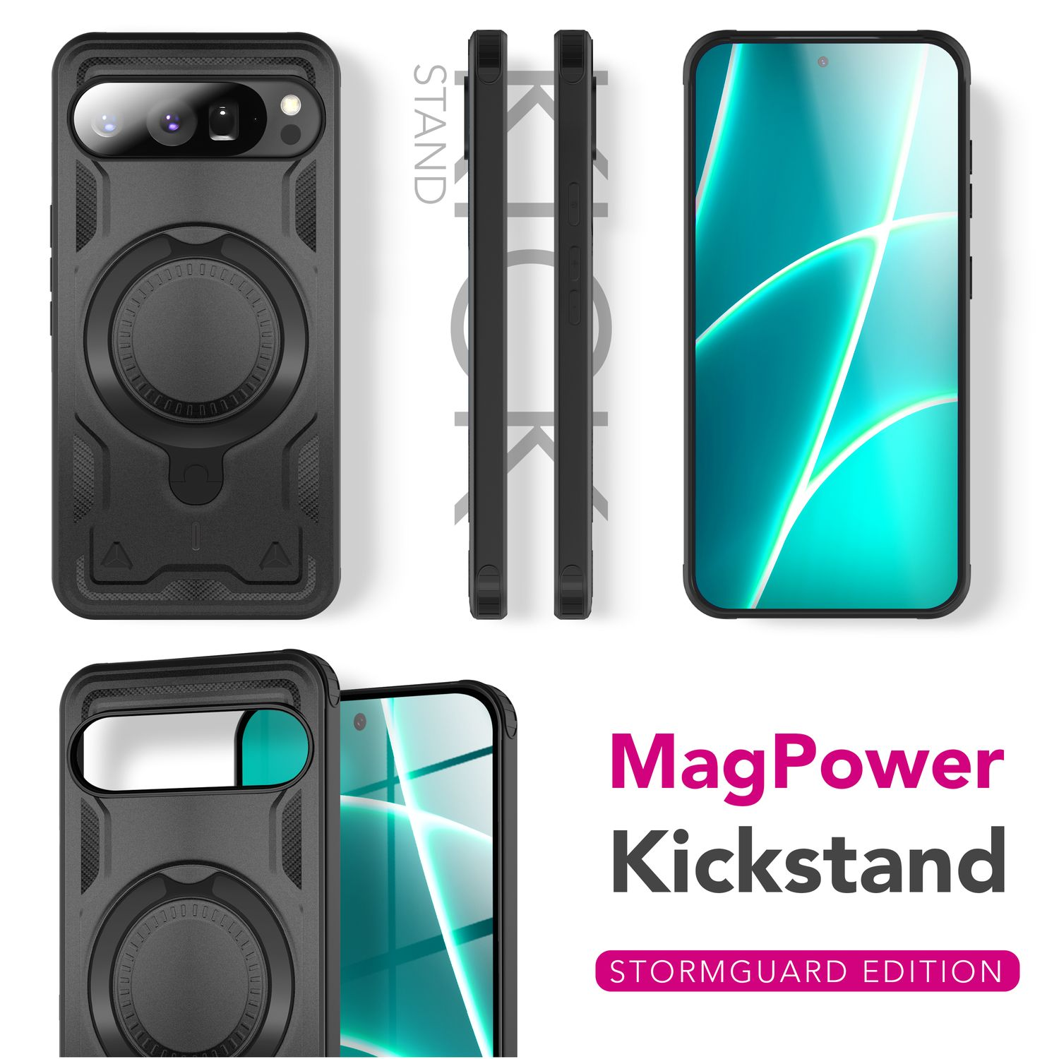 Schwarze Handyhülle mit Ständer, Telefon mit tealfarbenem Bildschirm und Text "MagPower Kickstand" auf weißem Hintergrund.