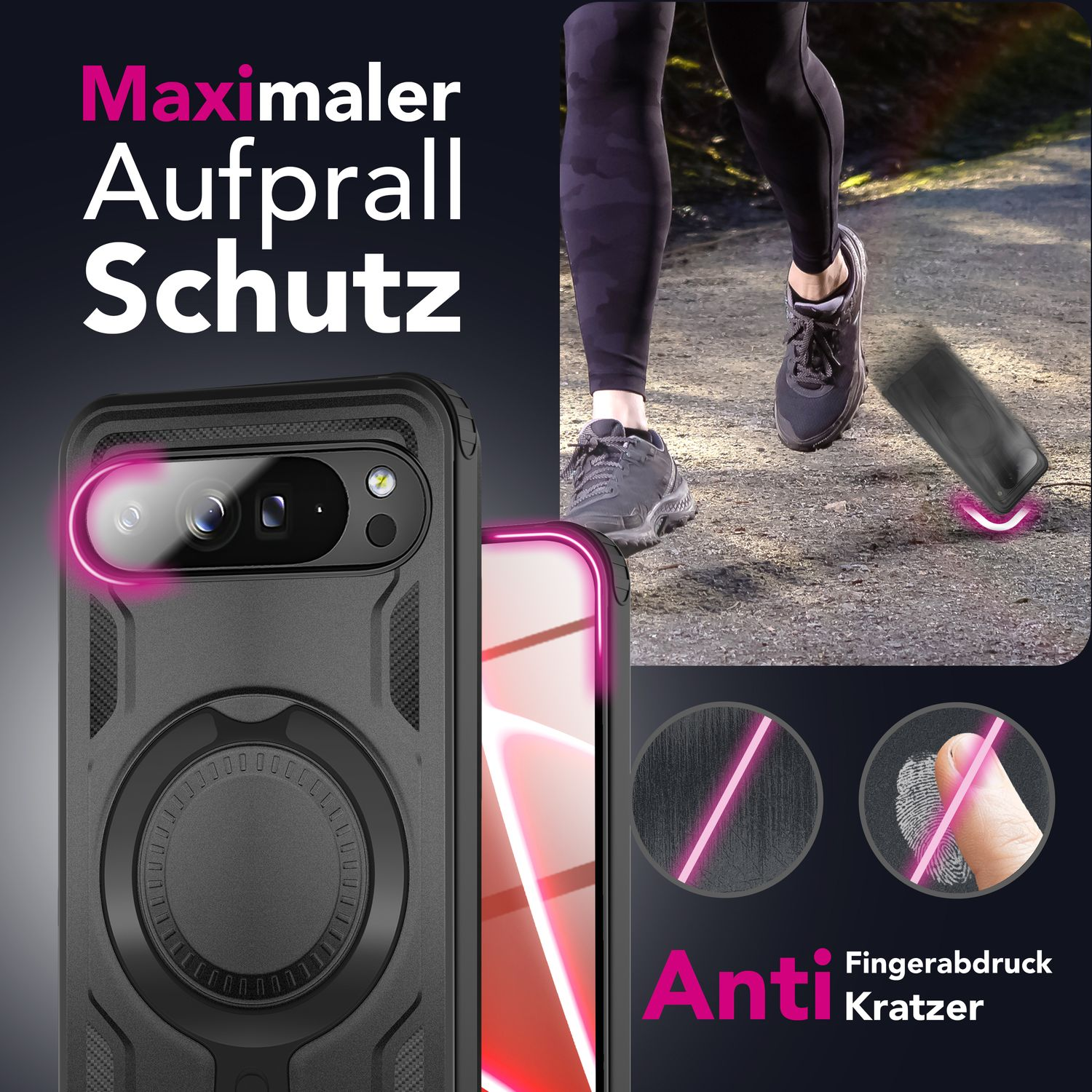 L'immagine mostra una custodia per telefono e una persona che corre, sottolineando la protezione. Il testo evidenzia 'Maximaler Aufprall Schutz' e 'Anti Fingerabdruck Kratzer'.