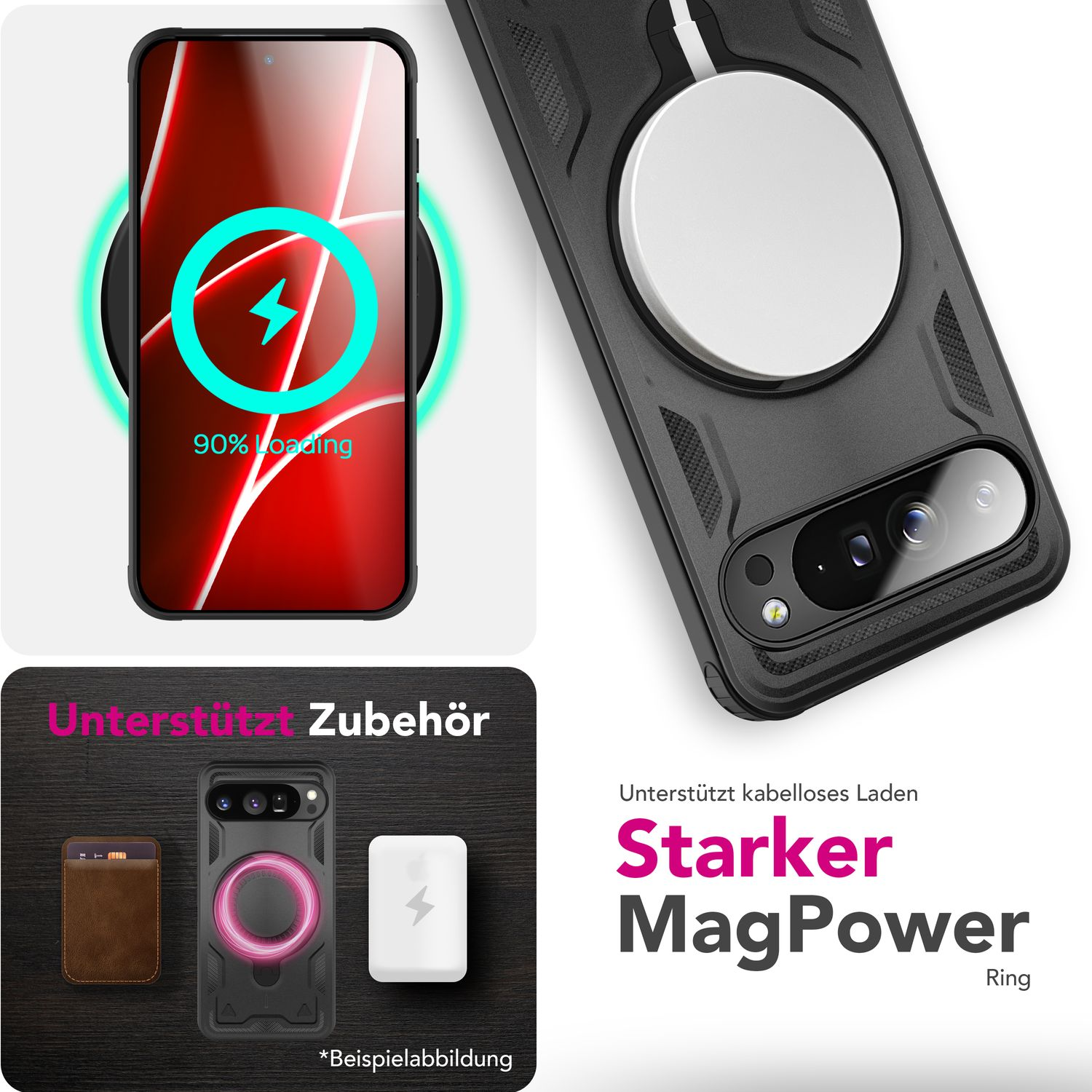 Un telefono in carica wireless, mostra il 90% di carica. Gli accessori includono custodia, porta carte e un blocco di ricarica.