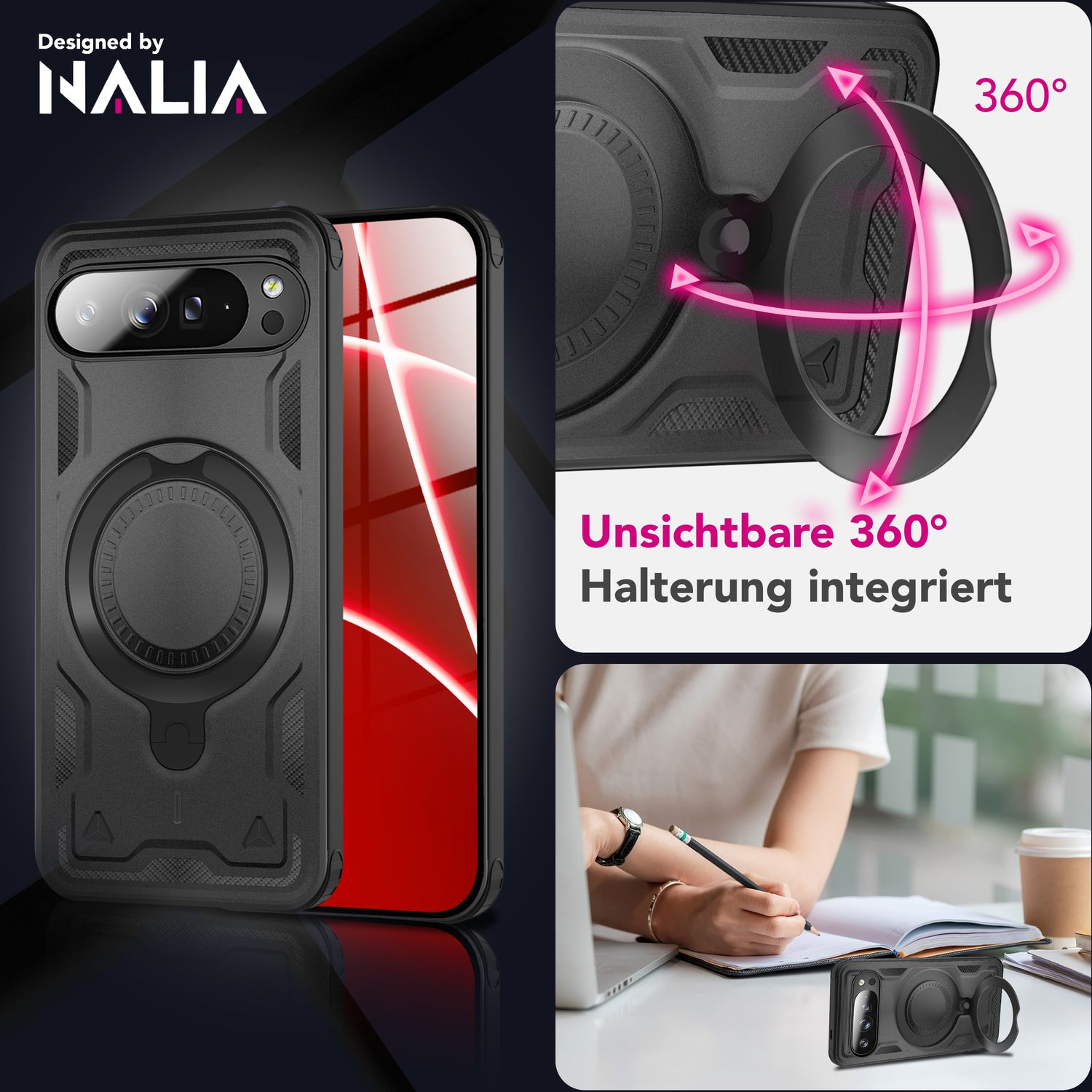 Custodia nera per telefono con supporto ad anello. Presenta un design elegante e una funzione rotante a 360 gradi. Una persona scrive su una scrivania.