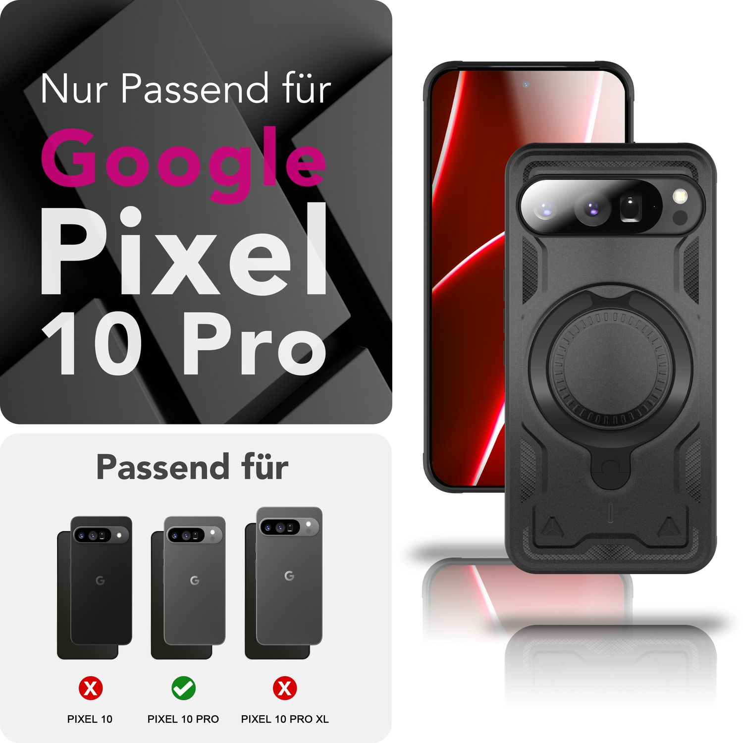Una custodia per Google Pixel 10 Pro. Il telefono è in una custodia. Il testo dice: 'Nur Passend für Google Pixel 10 Pro'.