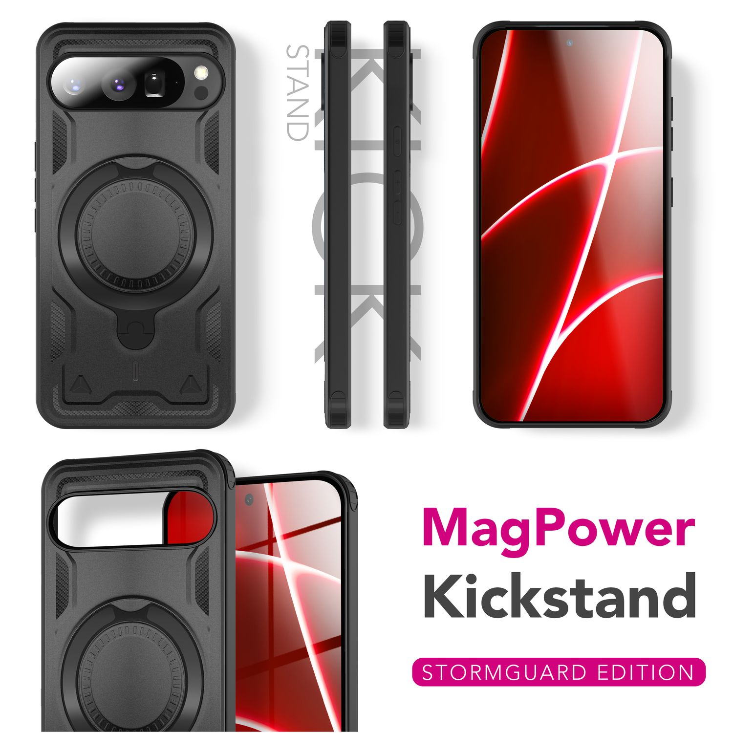 Custodia nera per telefono con cavalletto, telefono e supporto. Testo: MagPower Kickstand STORMGUARD EDITION. Sfondo: bianco.