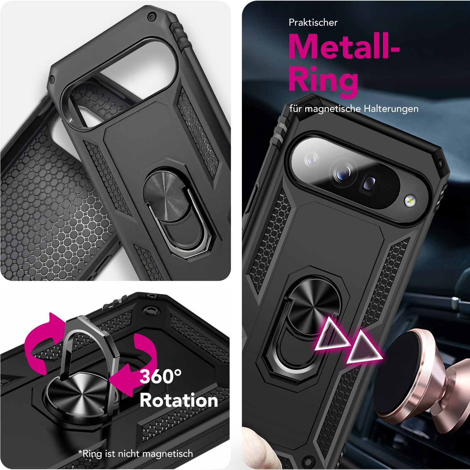 Custodia nera per telefono con anello in metallo per rotazione a 360°. Testo: 'Metall-Ring' e 'für magnetische Halterungen'.
