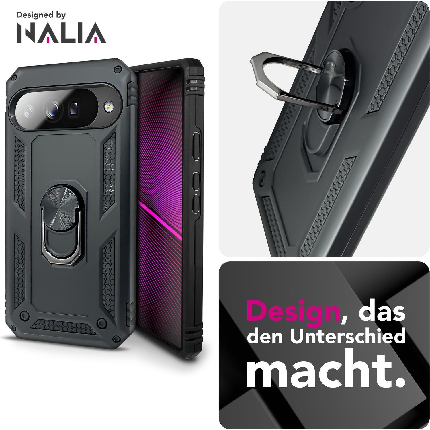 Custodia grigia per telefono con anello, con telefono. Design strutturato. Testo: 'Design, das den Unterschied macht.'