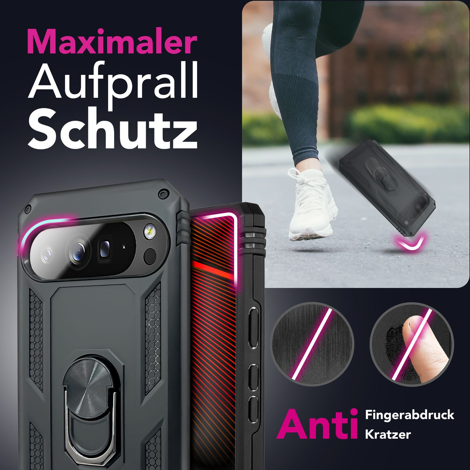 Das Bild zeigt eine Handyhülle mit dem Text 'Maximaler Aufprall Schutz'. Im Hintergrund läuft eine Person. Anti-Fingerabdruck- und Kratzschutz.