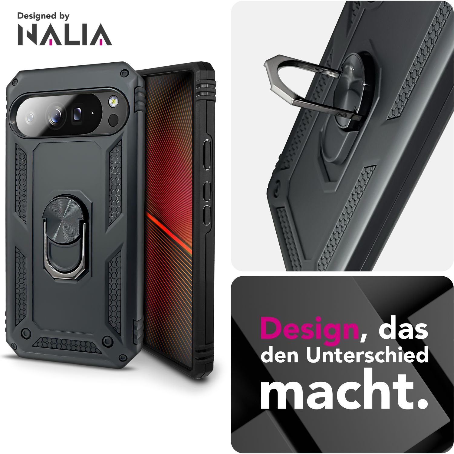 Eine graue Handyhülle mit Ringhalter, entworfen von NALIA. Die Hülle hat einen Kameraausschnitt und ein strukturiertes Design. Der Text „Design, das den Unterschied macht“ ist ebenfalls vorhanden.