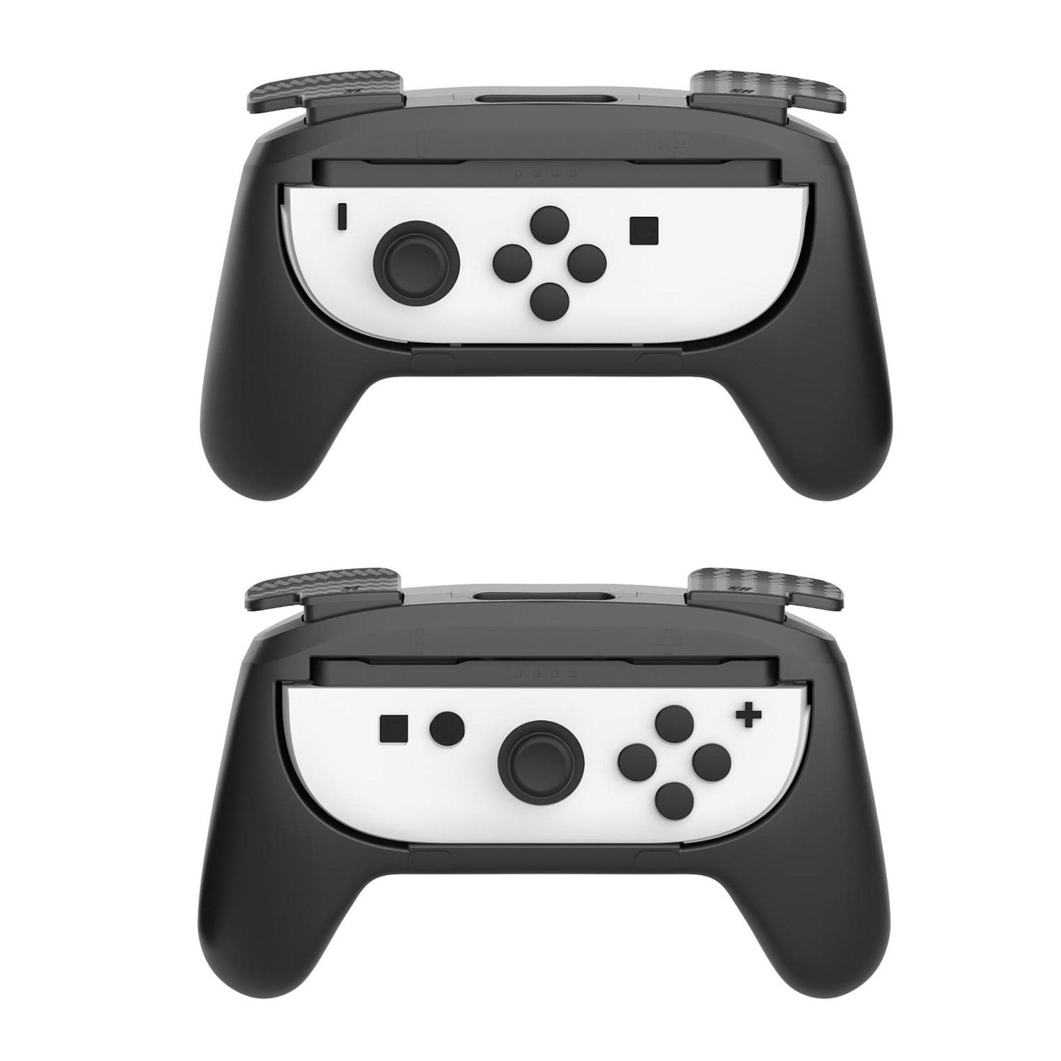 Se muestran dos mandos de juego en blanco y negro. Cada uno tiene botones, un joystick y un mango. Están diseñados para jugar en una consola.