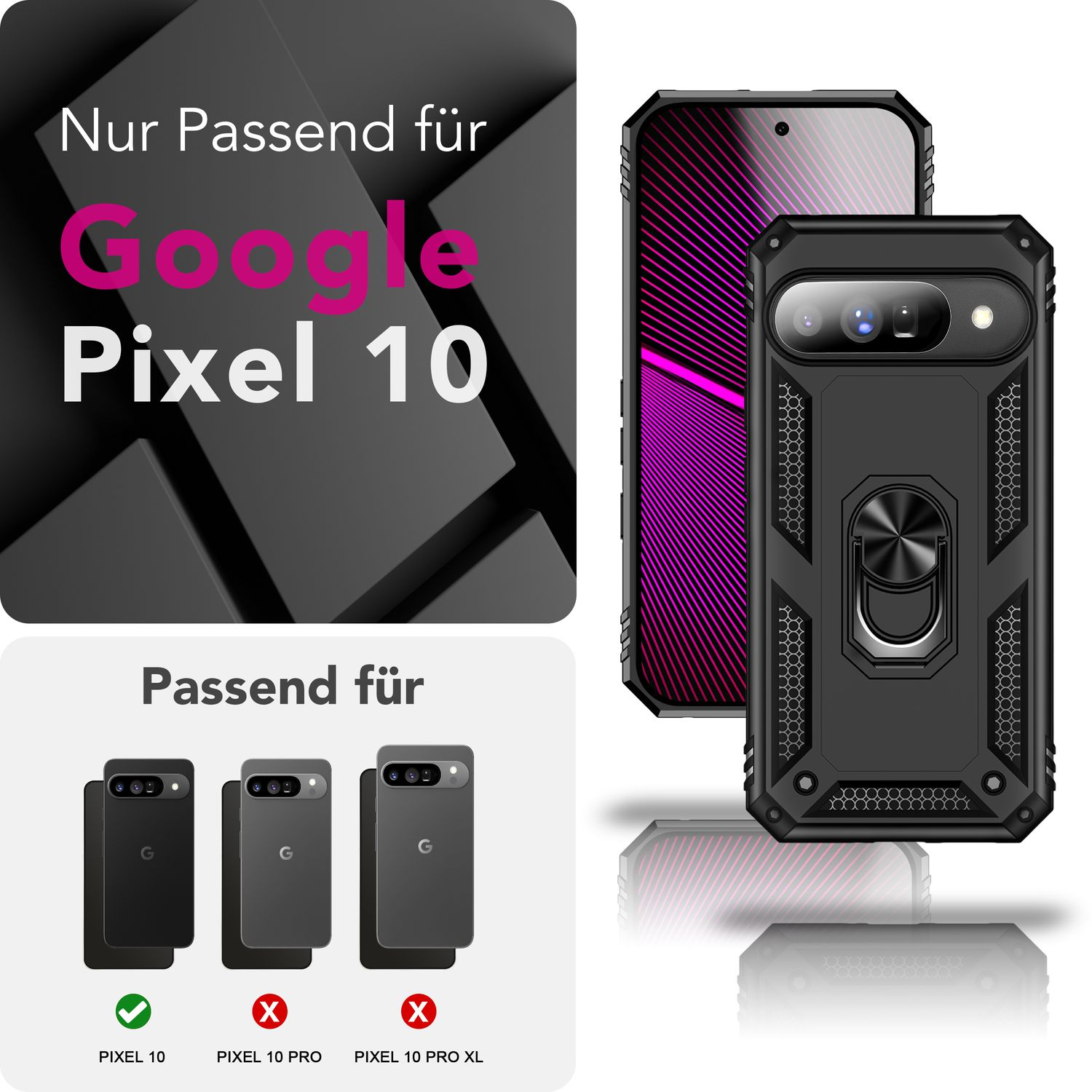 L'immagine mostra una custodia per telefono per Google Pixel 10. Ha una custodia nera con un porta anello. Sono visibili anche testi e loghi.