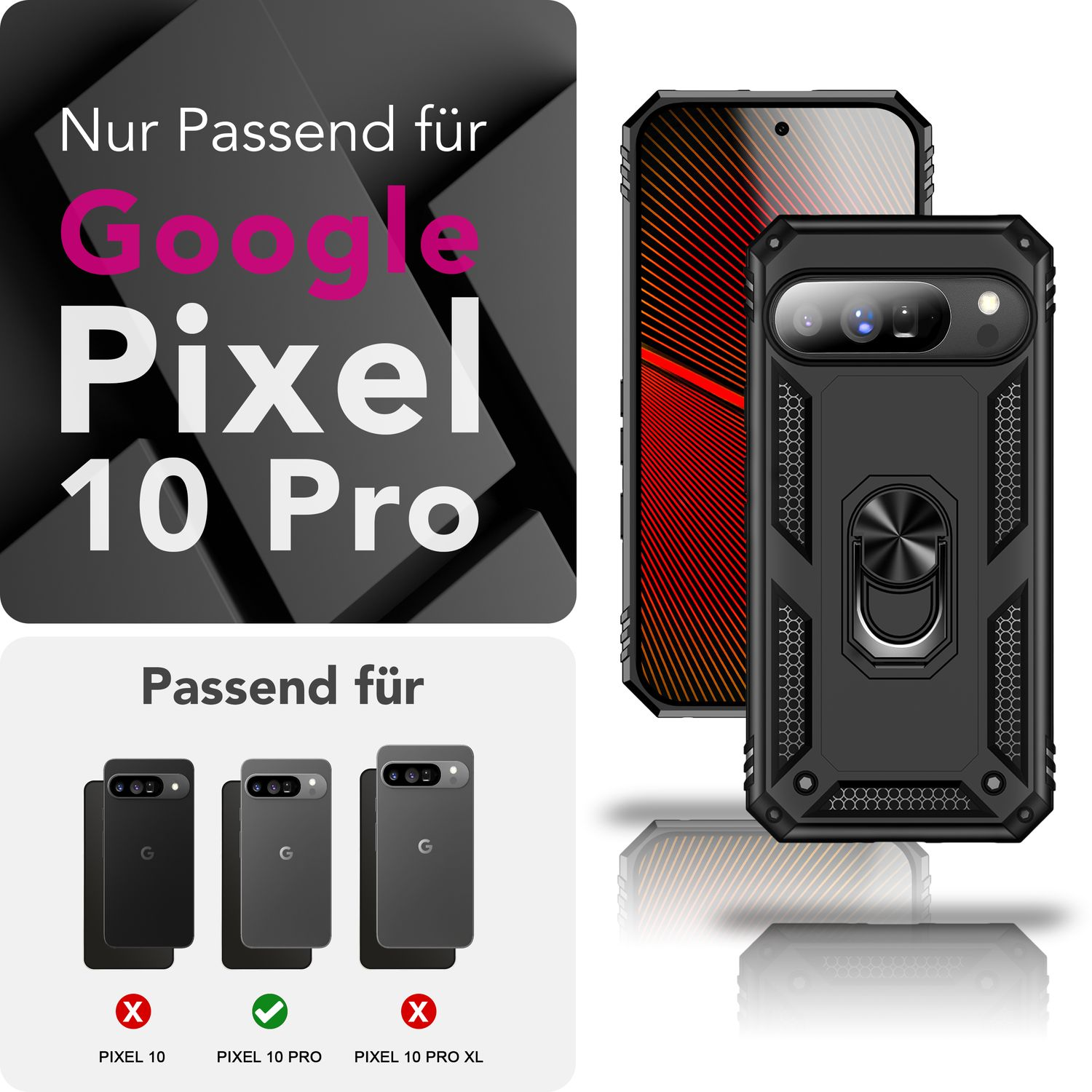 Schwarze Handyhülle für Google Pixel 10 Pro, mit einem Handy und zwei weiteren Modellen. Text enthält 'Pixel 10 Pro'.